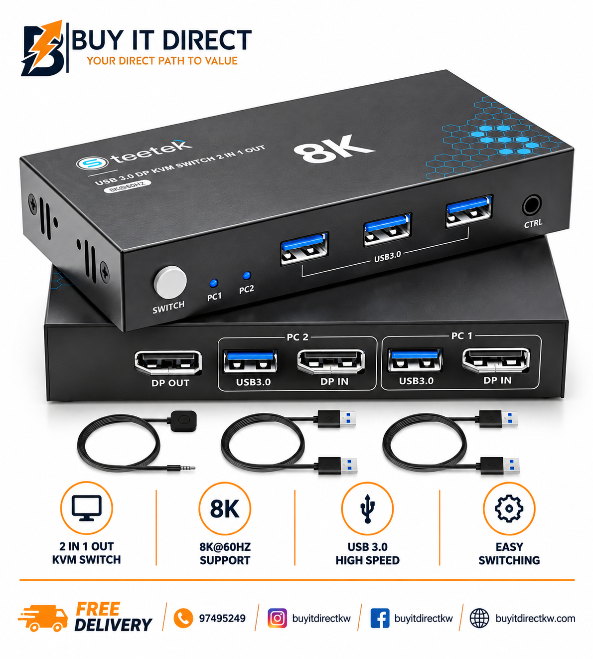 مبدل KVM بمنفذ DisplayPort بدقة 8K ومنفذين