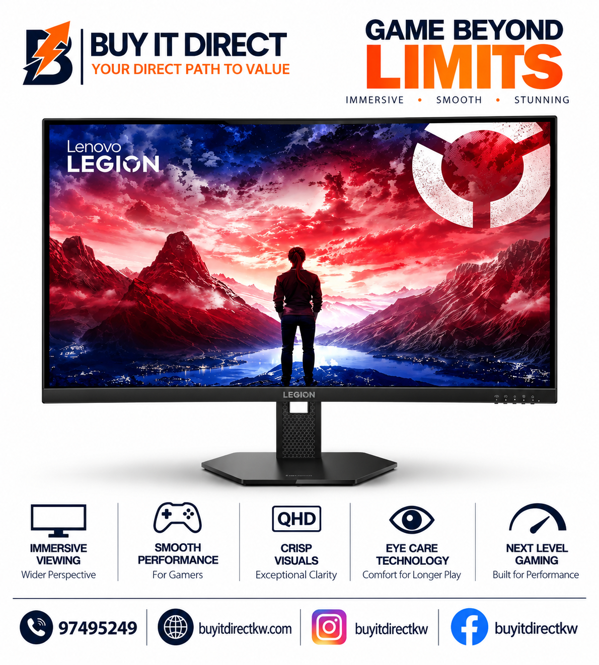 شاشة الألعاب Lenovo Legion 27Q-10 مقاس 27 بوصة بدقة QHD وتردد 240 هرتز وزمن استجابة 0.5 مللي ثانية