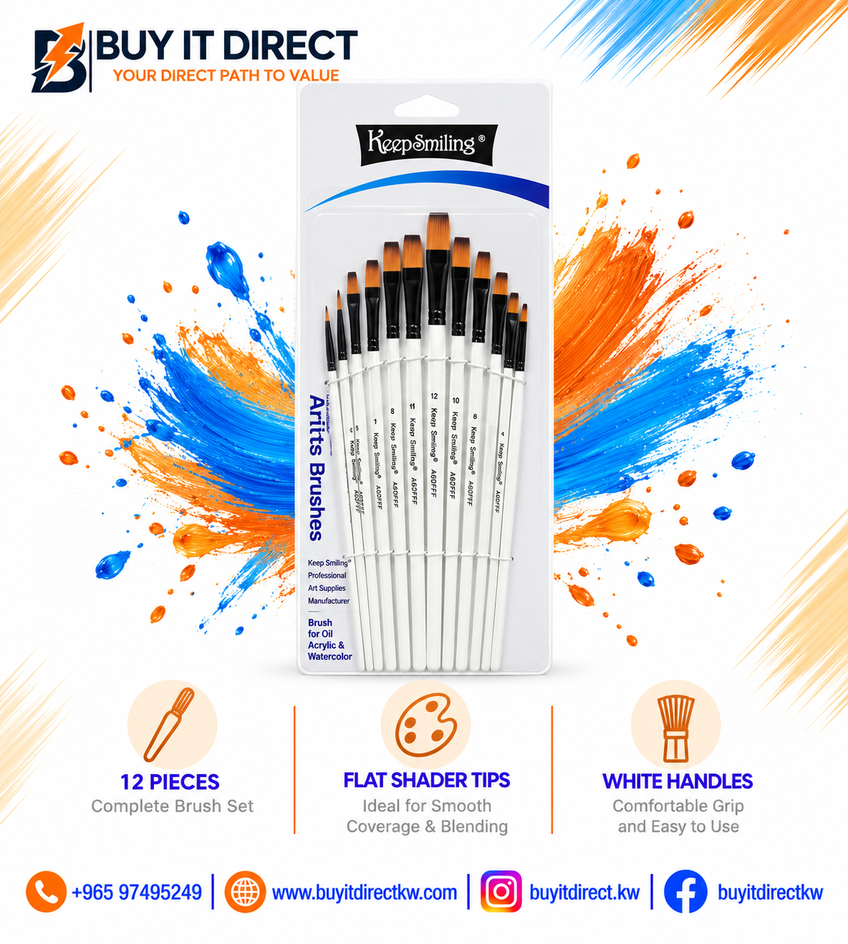 Artist Brushes - 12 Pieces, Flat Shader Tips, White Handles