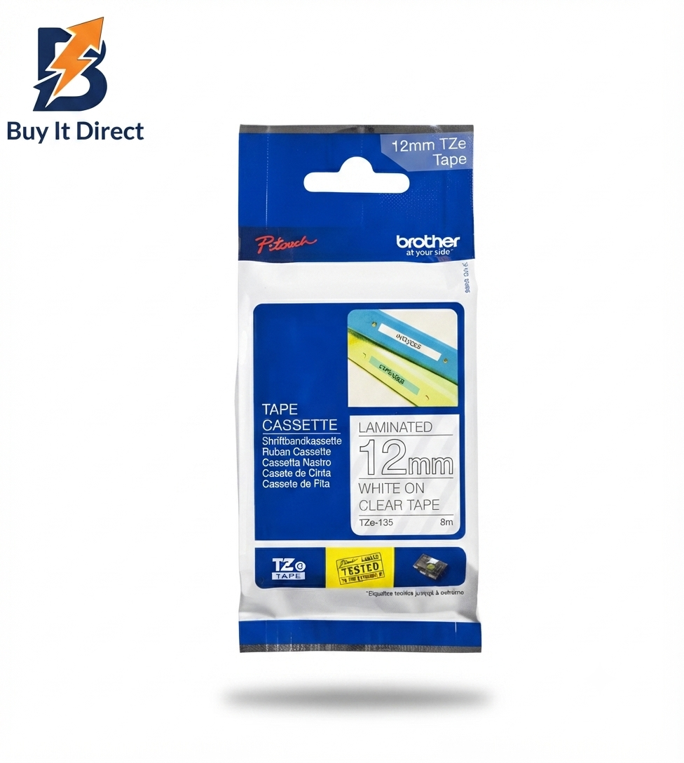 Brother Genuine TZe-135 Labelling Tape Cassette – White on Clear, 12mm Wide
