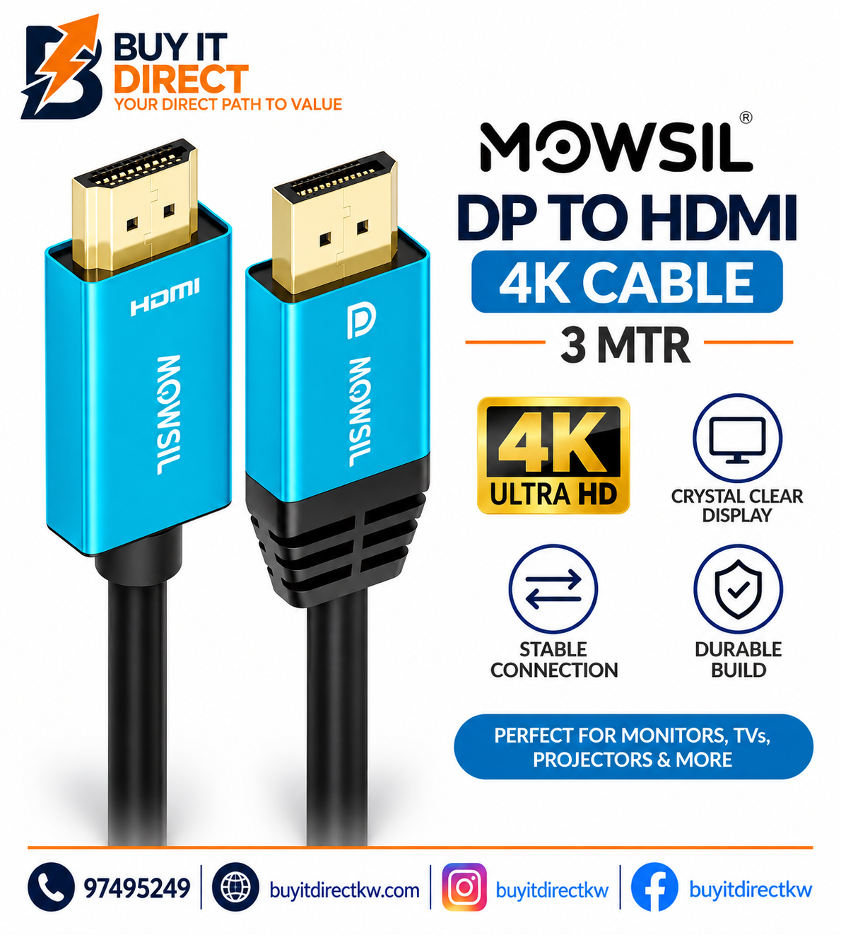 MOWSIL DisplayPort to HDMI 4K Cable 3M