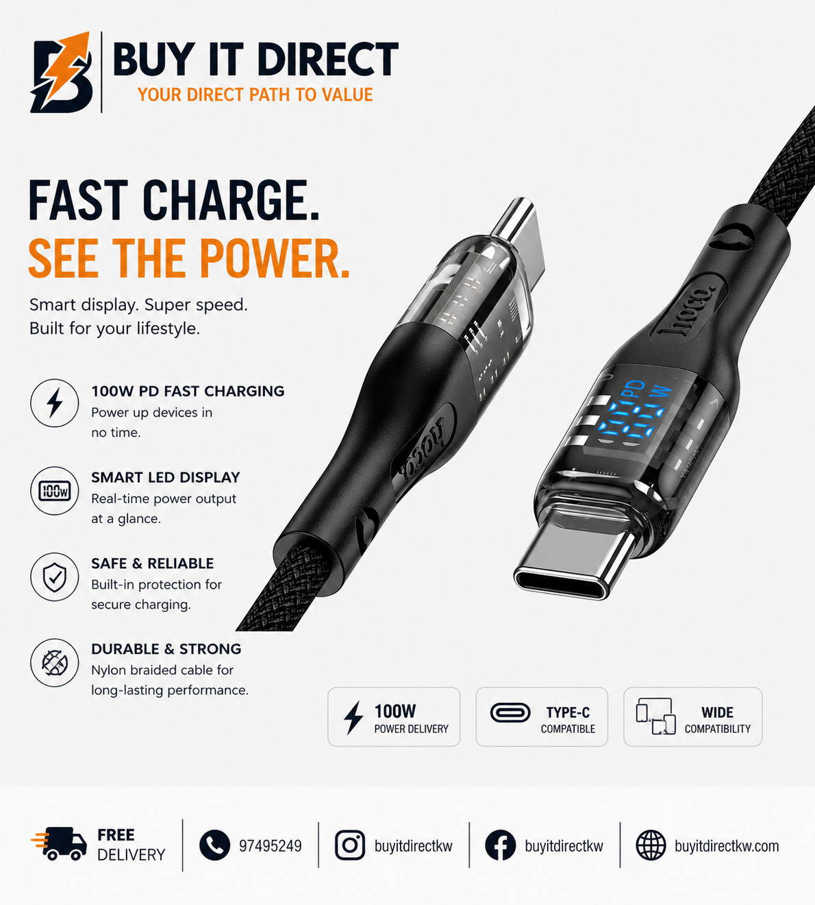 كابل Hoco U115 Transparent Discovery Edition تايب سي إلى تايب سي للشحن السريع بقوة 100 واط