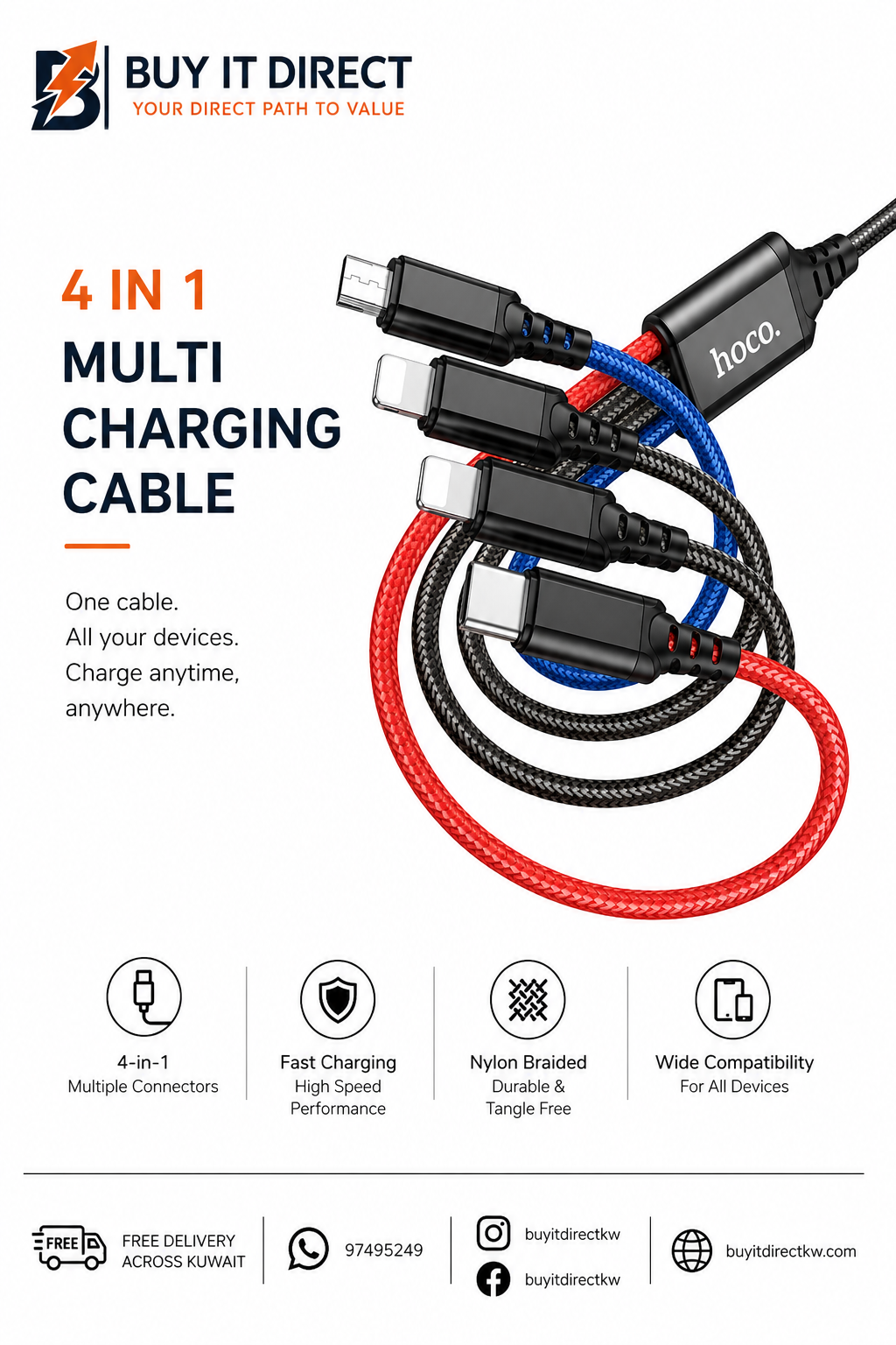 X76 4 in 1 Super Charging Cable iPhone iPhone Type C Micro USB