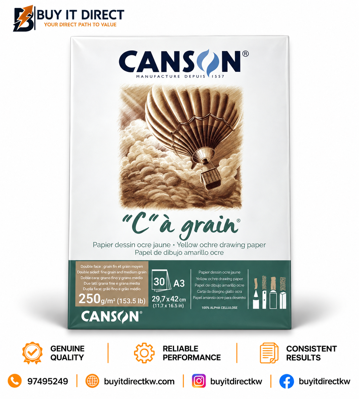 Canson C Grain Yellow Ochre Drawing Pad A3 250gsm 30 Sheets