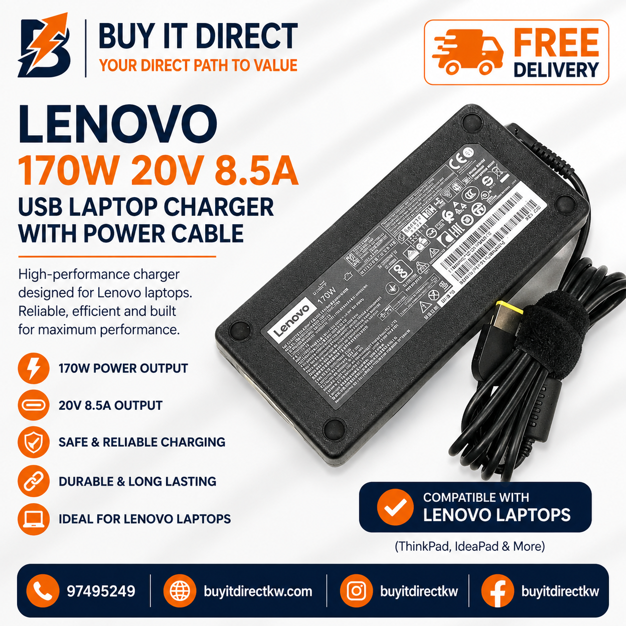 شاحن لابتوب Lenovo بقوة 170 واط 20 فولت 8.5 أمبير USB مع كابل طاقة