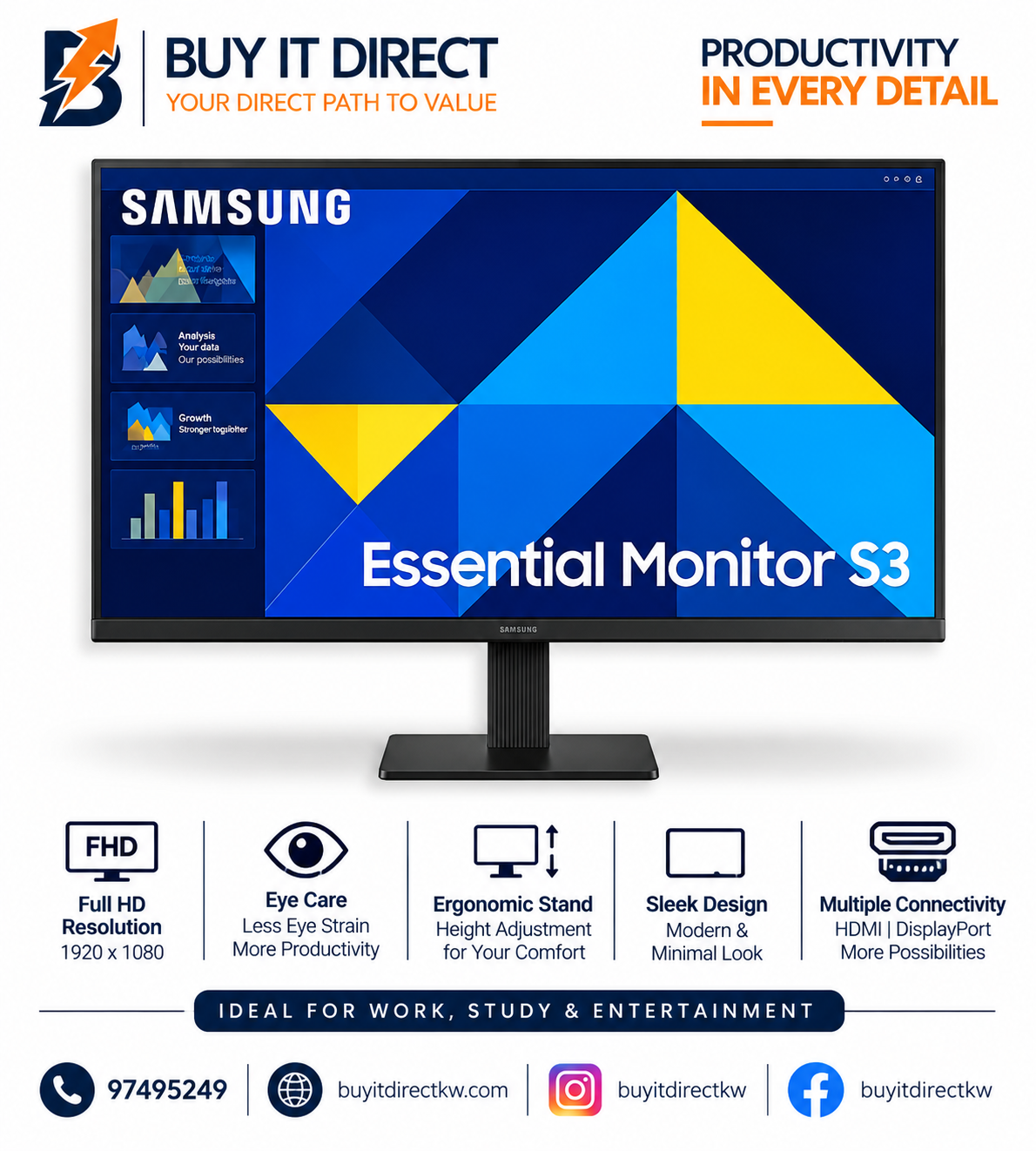شاشة Samsung Essential Monitor S3 S30GD مقاس 27 بوصة بدقة Full HD ولوحة IPS وتردد 100 هرتز