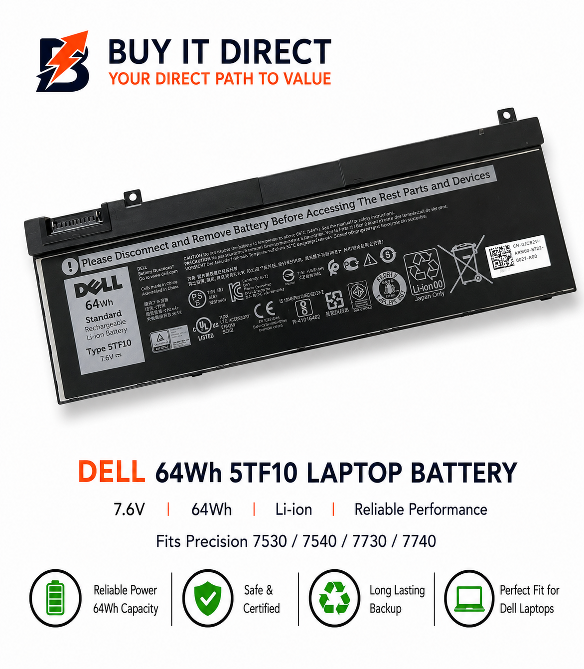 بطارية لابتوب ديل 5TF10 و7M0T6 بسعة 64 واط ساعة متوافقة مع Precision 7530 و7540 و7730 و7740