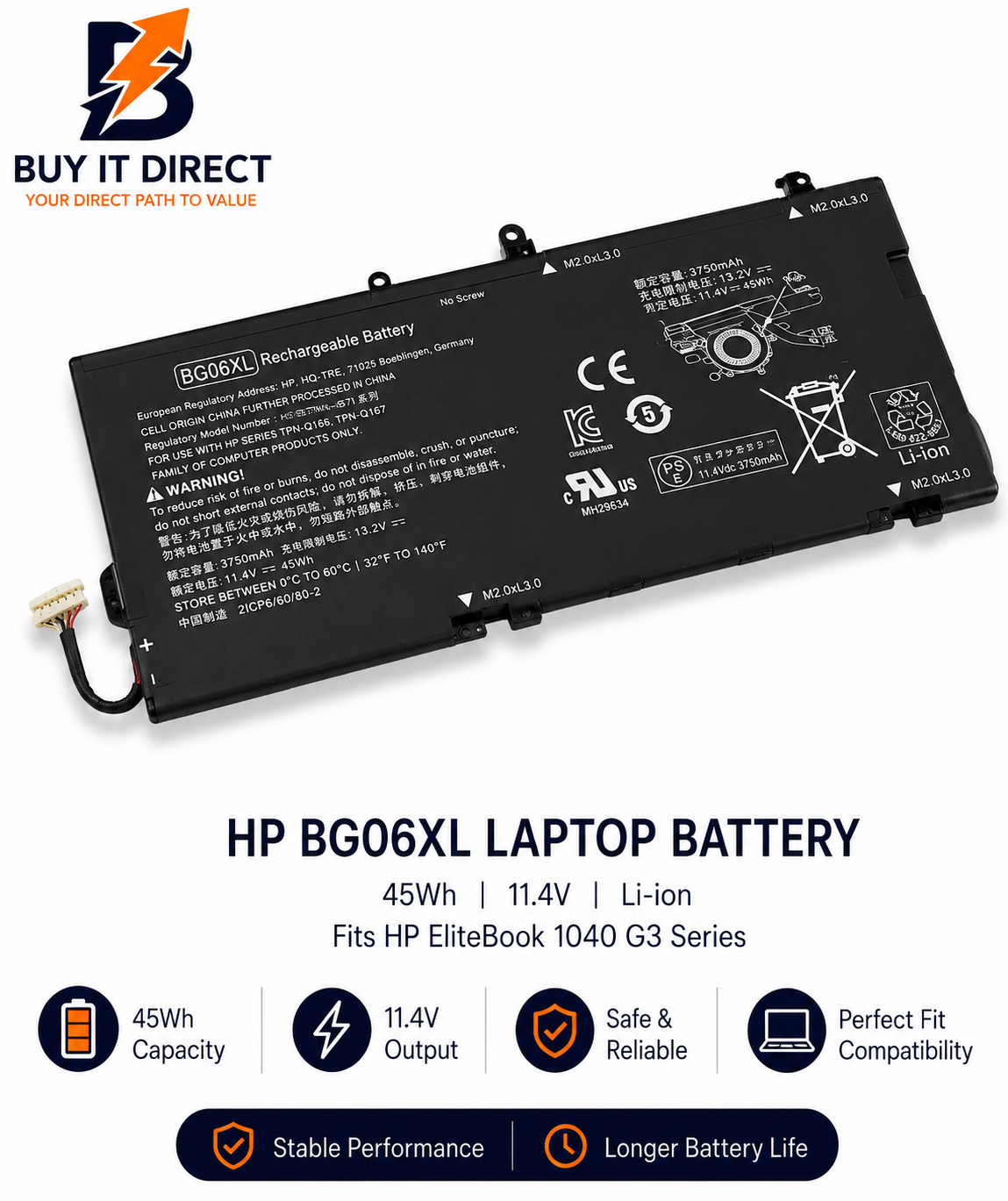 بطارية لابتوب اتش بي BG06XL بسعة 45 واط ساعة متوافقة مع سلسلة HP EliteBook 1040 G3