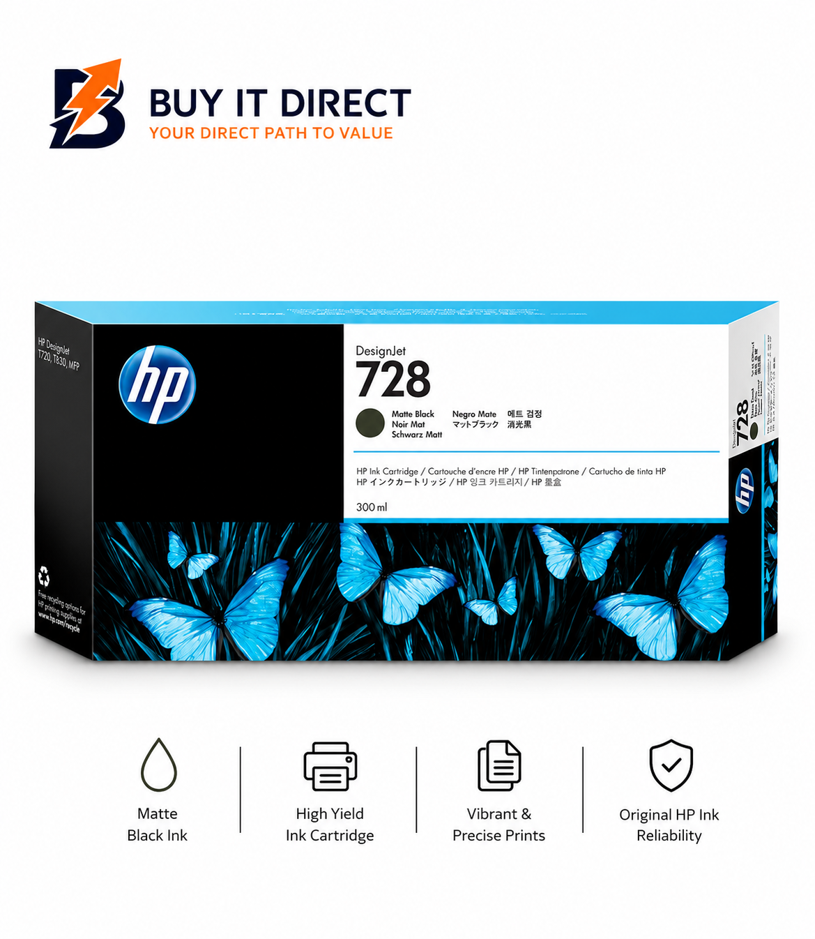 خرطوشة حبر HP 728 أسود مطفي 300ml لطابعات DesignJet
