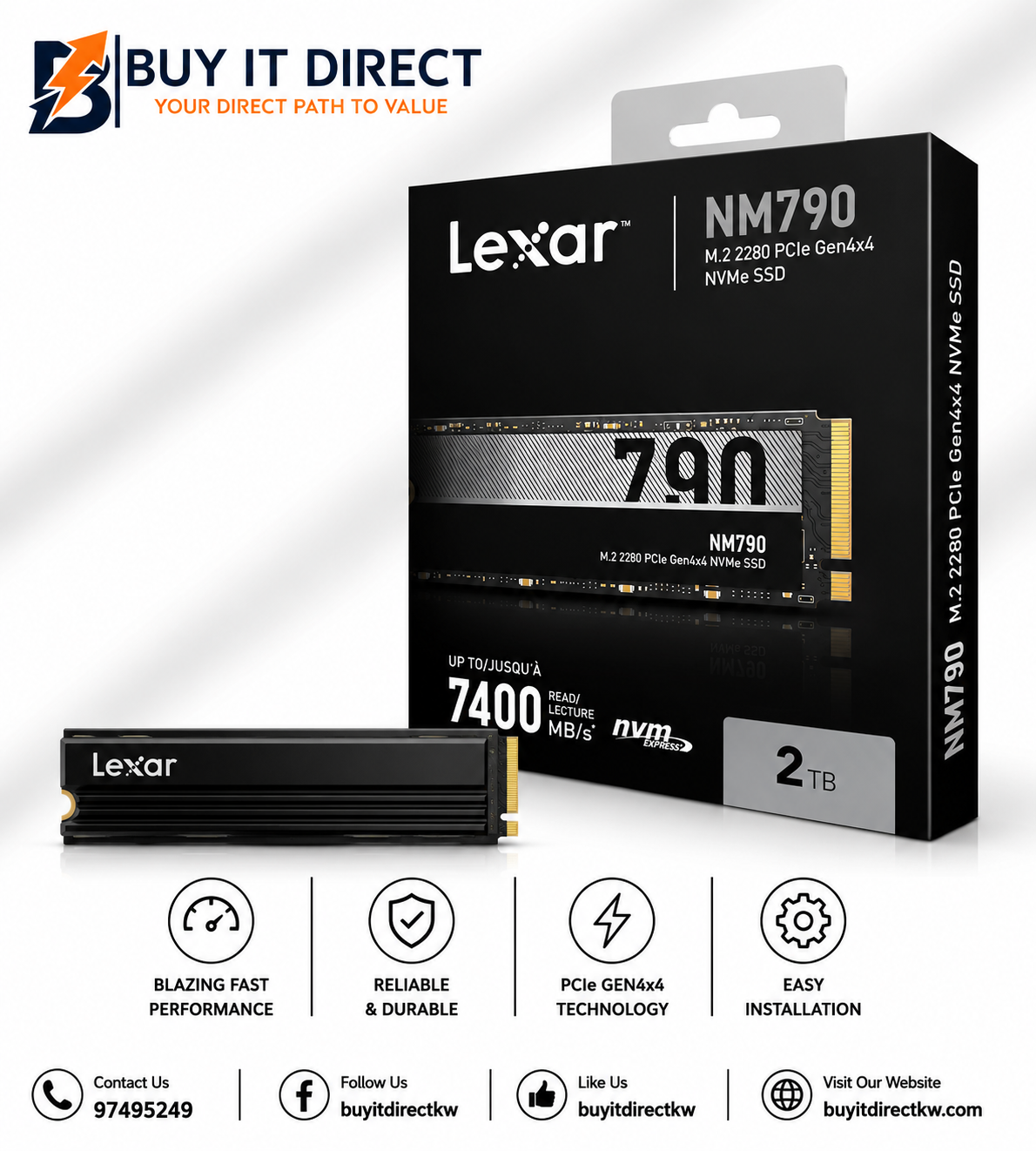 قرص Lexar NM790 SSD سعة 2TB M2 NVMe مع مشتت حراري PCIe Gen4 x4 بسرعة 7400MB/s