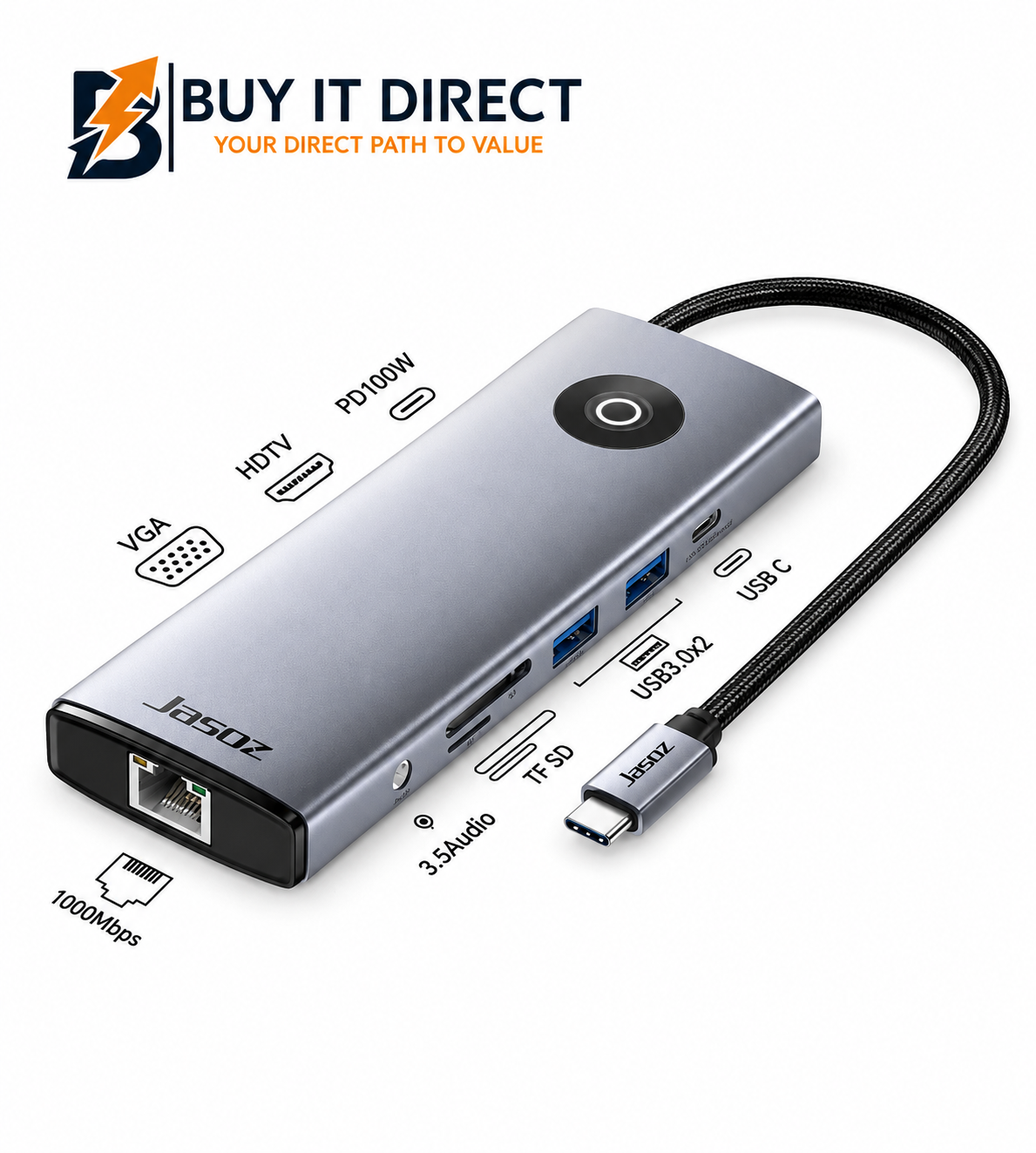 محطة إرساء Jasoz H113 Type C 10 في 1 مع HDMI و VGA و USB 3.0 و USB C و RJ45 و SD و TF باللون الرمادي الفضائي