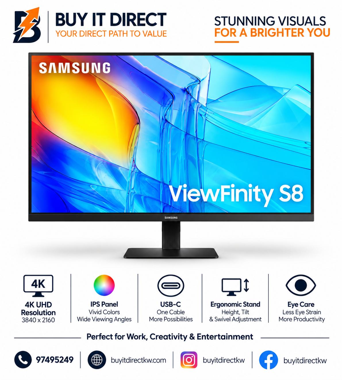 شاشة Samsung ViewFinity S8 S80D مقاس 32 بوصة بدقة 4K UHD مع USB-C وشحن 90 واط وتقنية HDR