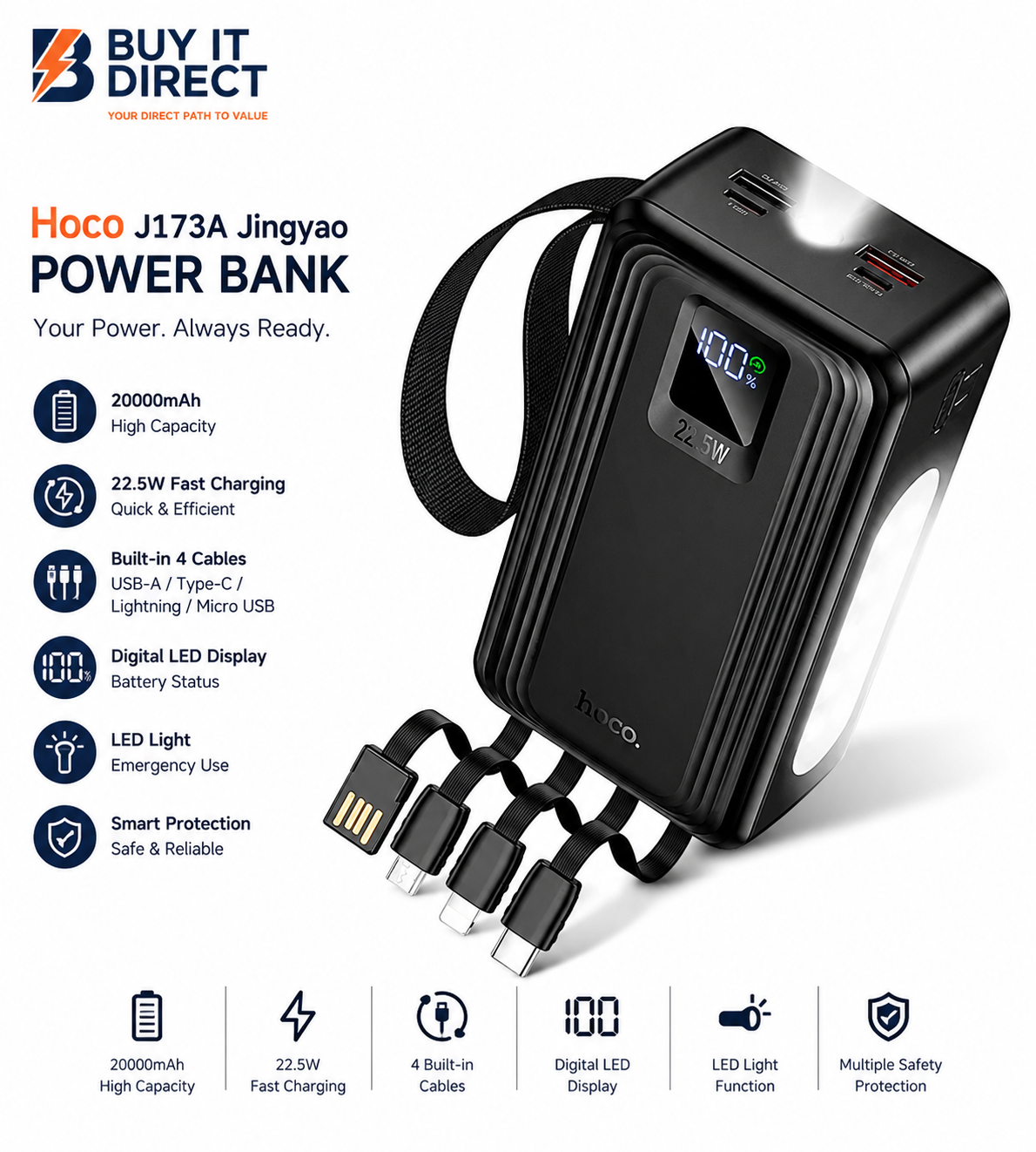 باور بانك Hoco J173A Jingyao بسعة 30000mAh وشحن سريع 22.5 واط مع 4 كابلات مدمجة