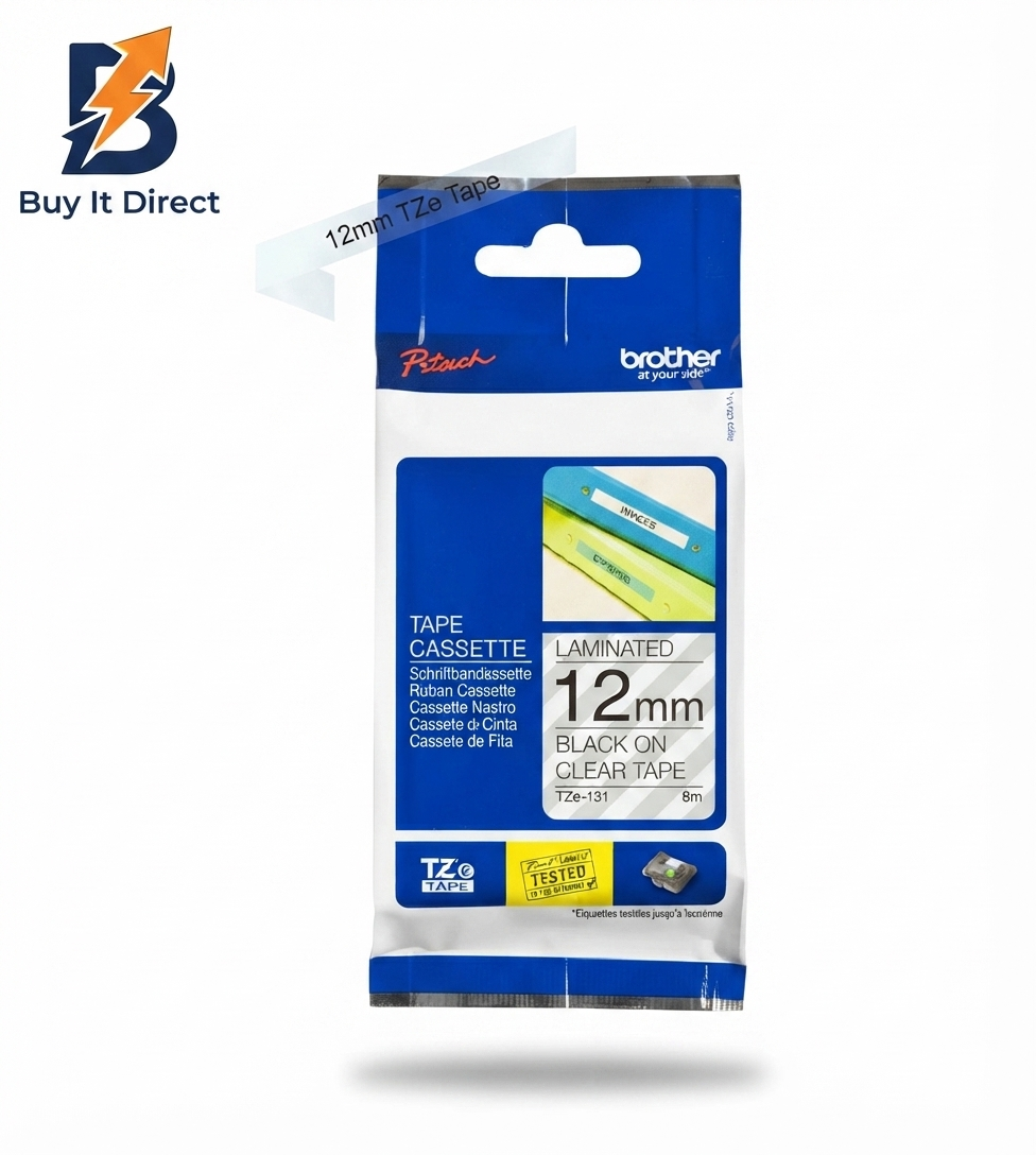 Brother Genuine TZe-131 Labelling Tape Cassette – Black on Clear, 12mm Wide