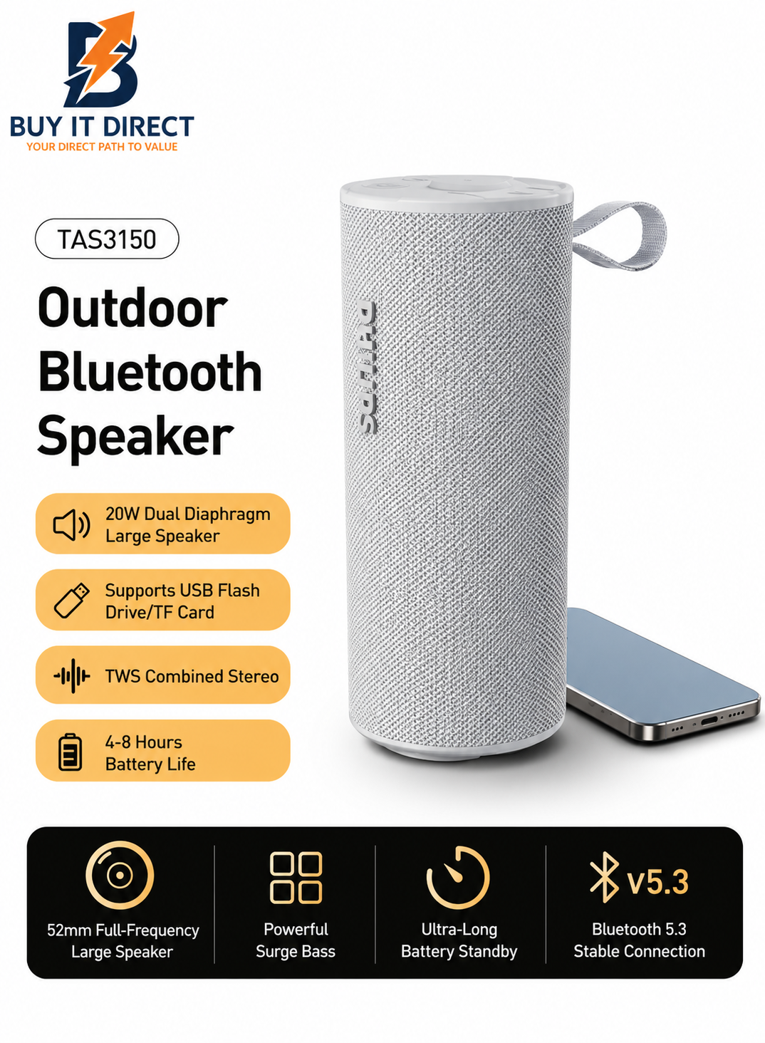 Philips TAS3150WT/93 Portable Bluetooth Speaker – White