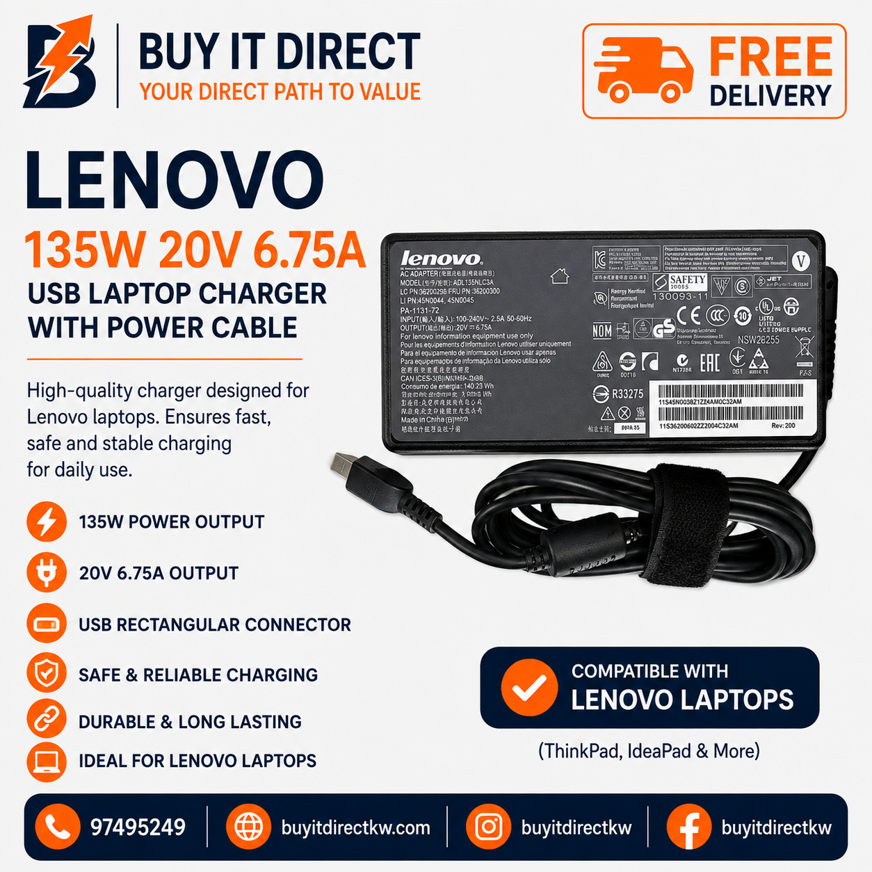 شاحن لابتوب Lenovo بقوة 135 واط 20 فولت 6.75 أمبير USB مع كابل طاقة