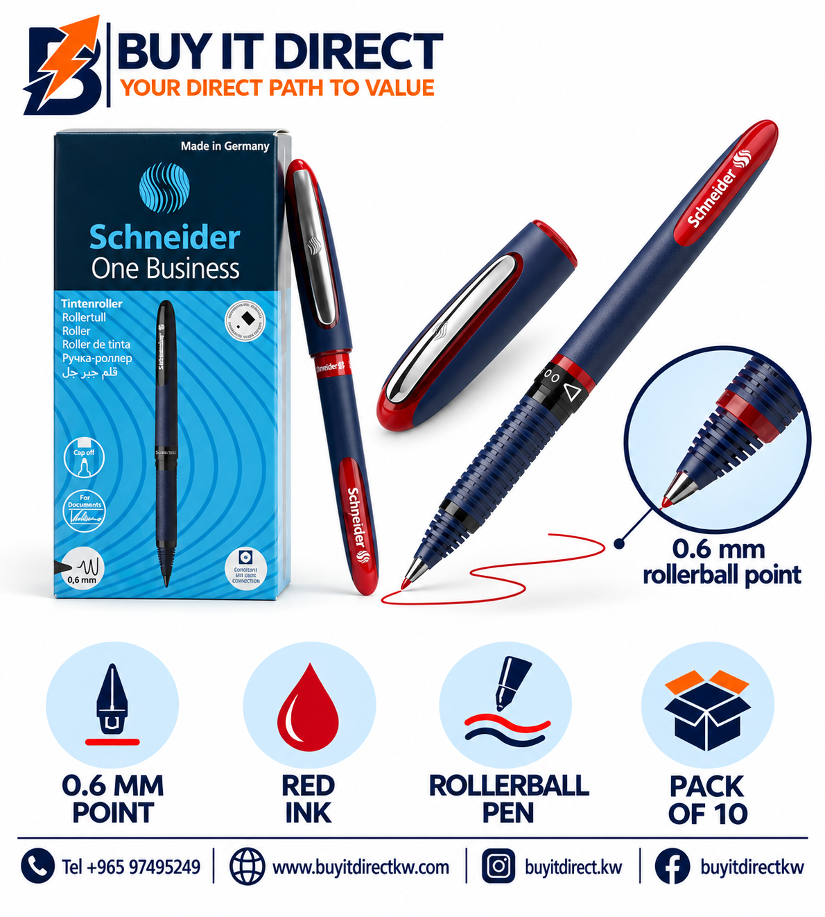 Schneider One Business 0.6 mm Rollerball Pen Red - Pack of 10