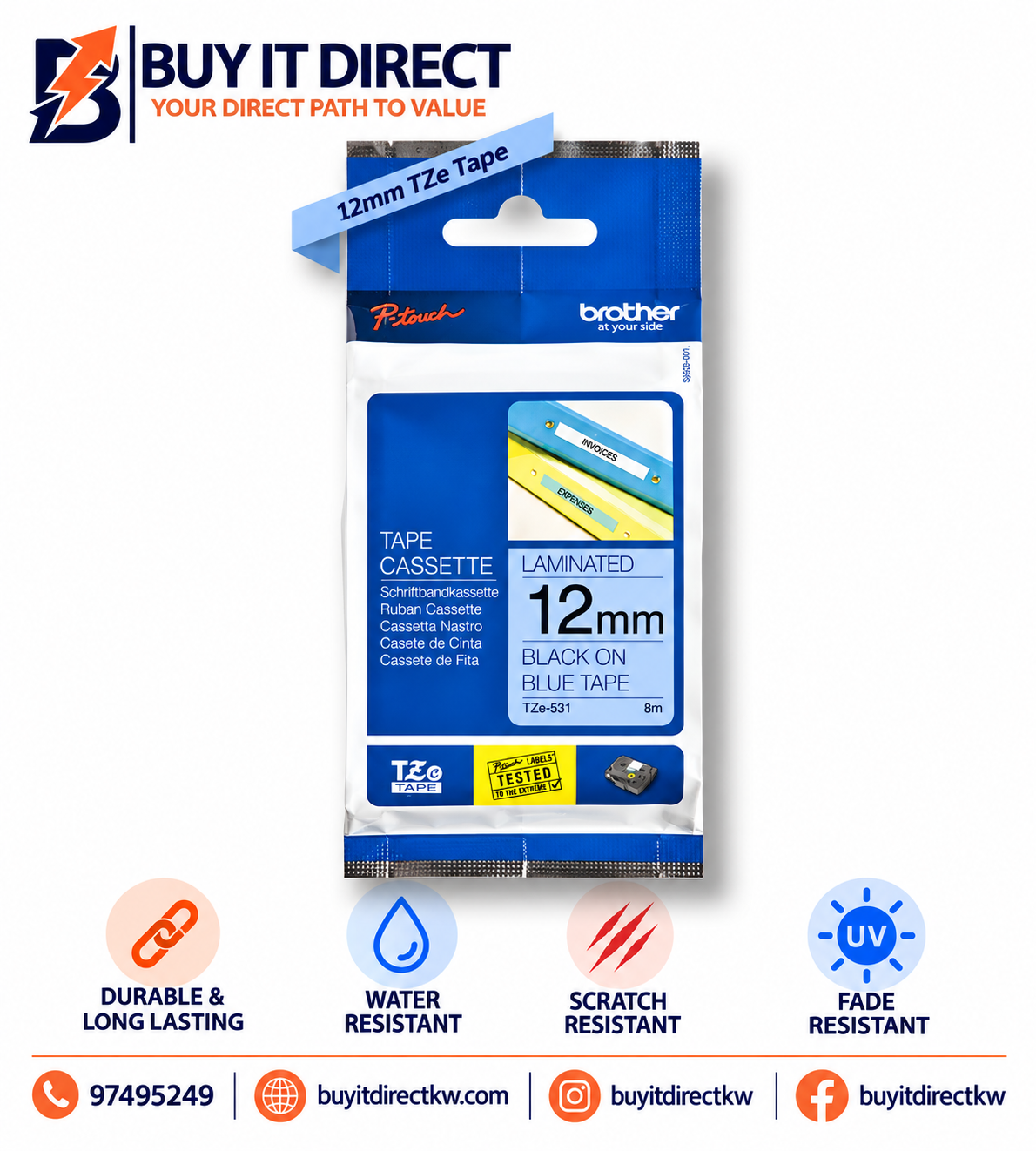 Brother Genuine TZe 531 Labelling Tape Cassette Black on Blue 12mm 8m