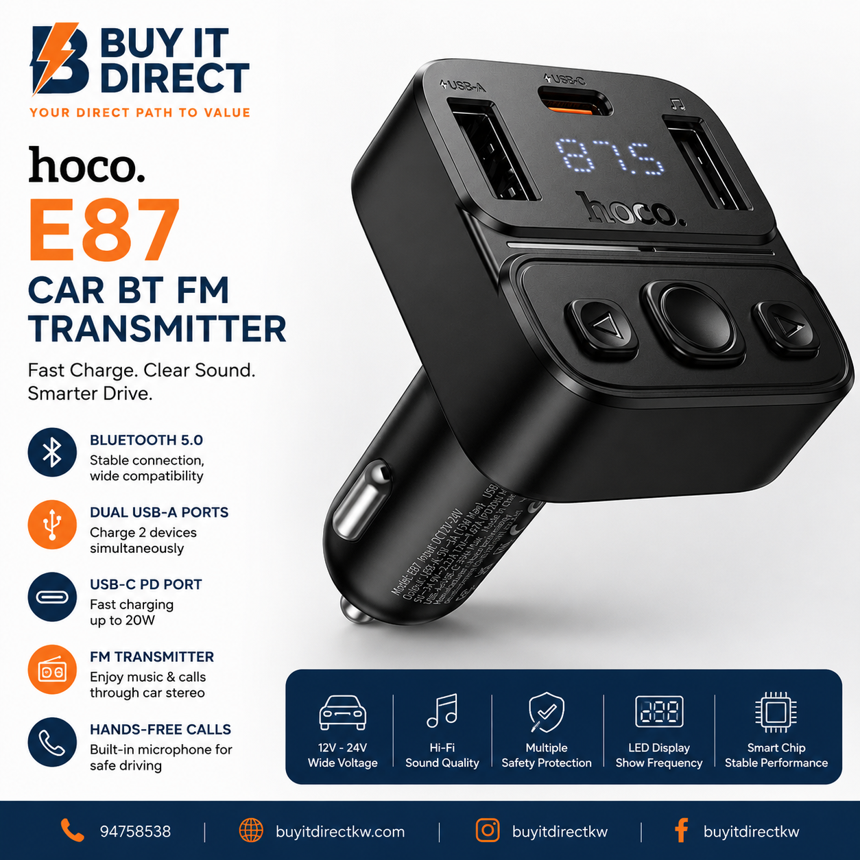 مرسل FM للسيارة Hoco E87 Delta بقوة 35 واط مع Bluetooth و USB A و USB C أسود