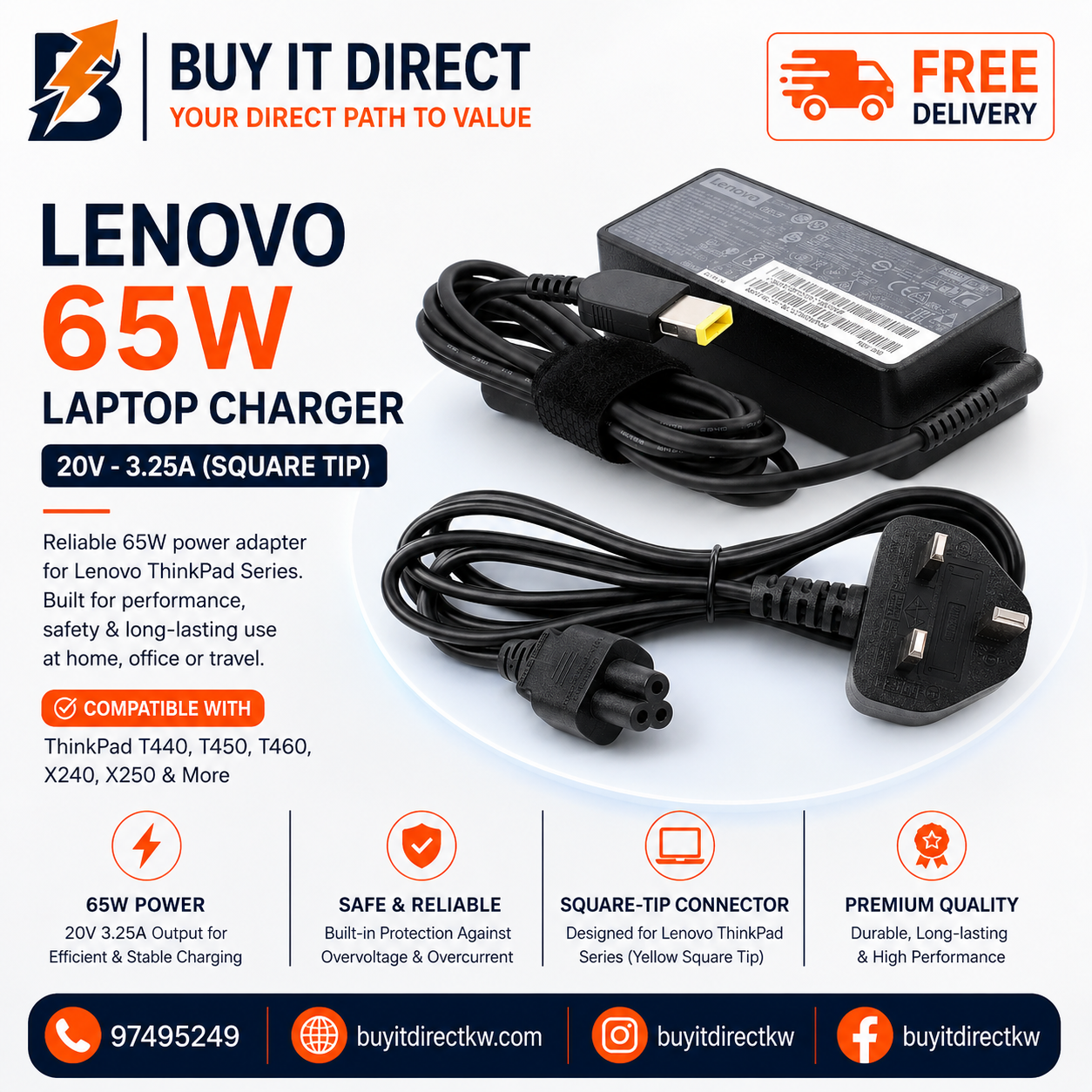 شاحن لابتوب Lenovo بقوة 65 واط 20 فولت 3.25 أمبير برأس USB مربع مع كابل طاقة لأجهزة ThinkPad T440 وT450 وT460 وX240 وX250