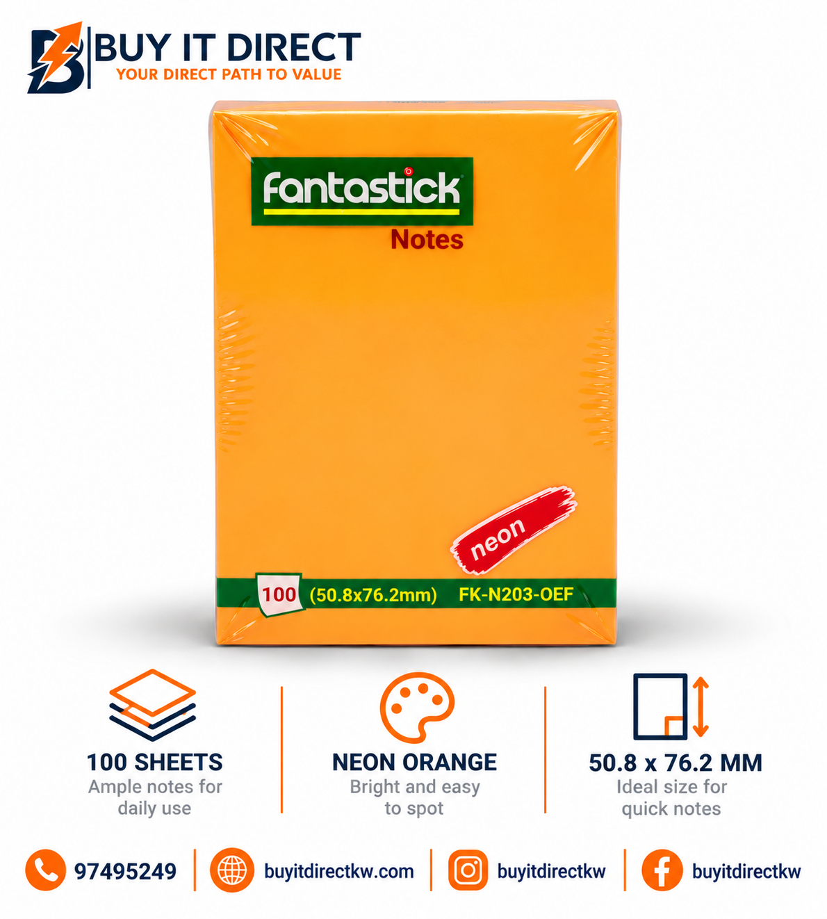 Fantastick 100 Notes Neon Orange 50.8 x 76.2 mm