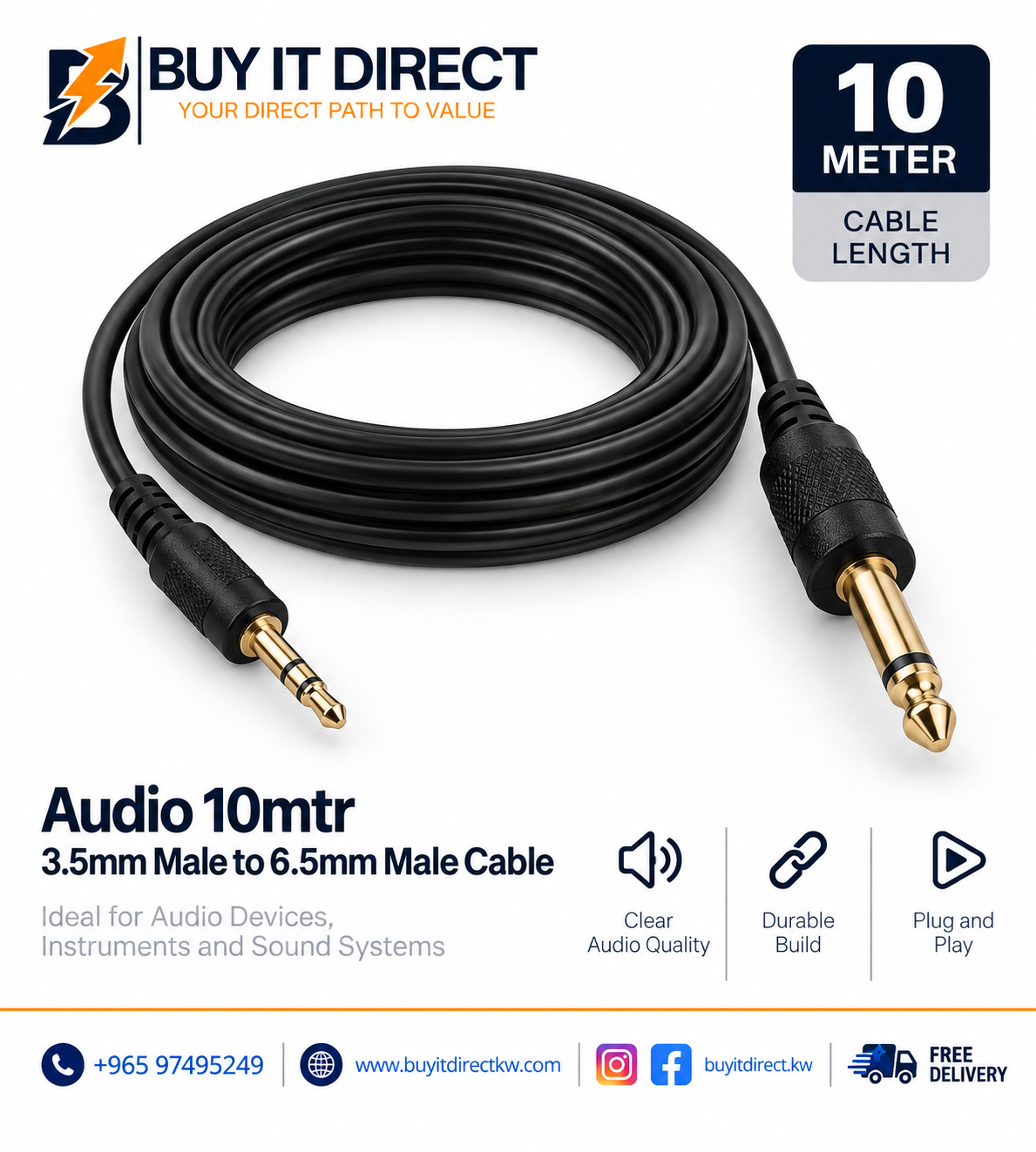 Audio 10mtr 3.5mm Male to 6.5mm Male Cable
