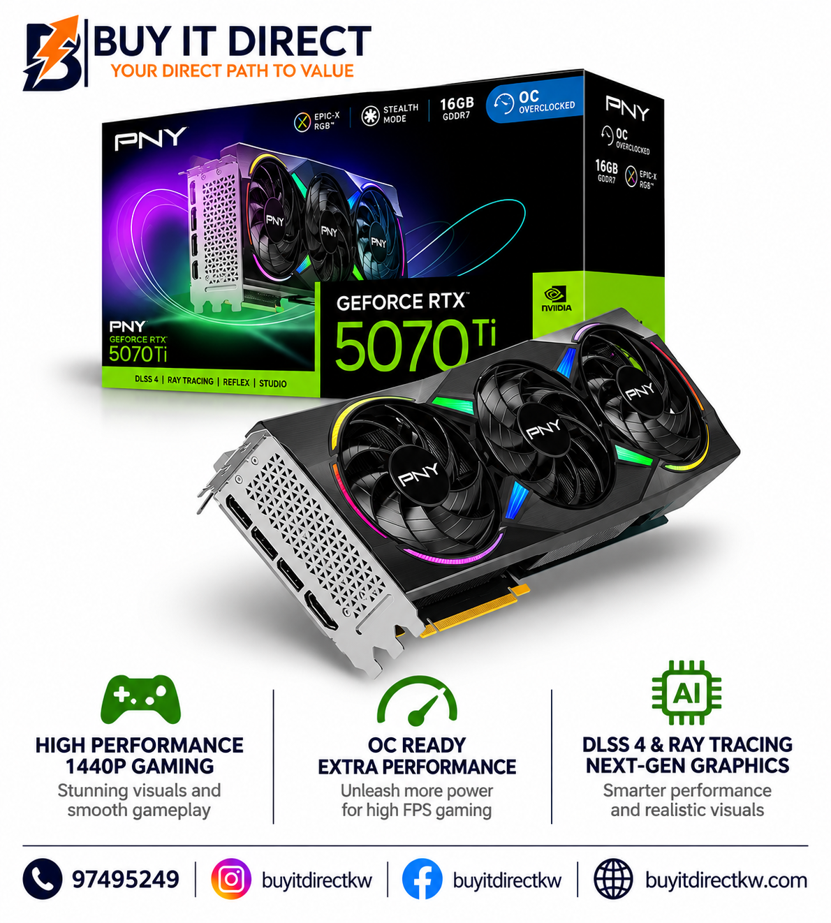 PNY GeForce RTX 5070 Ti ARGB EPIC X RGB Overclocked Triple Fan 16GB GDDR7 Graphics Card