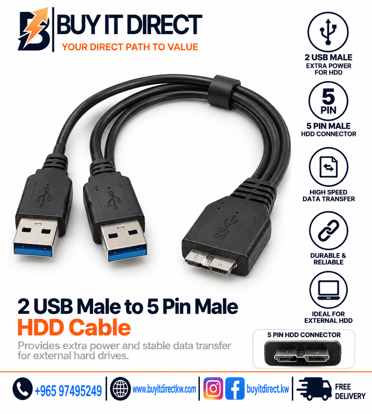 2 USB Male to 5 Pin Male HDD Cable