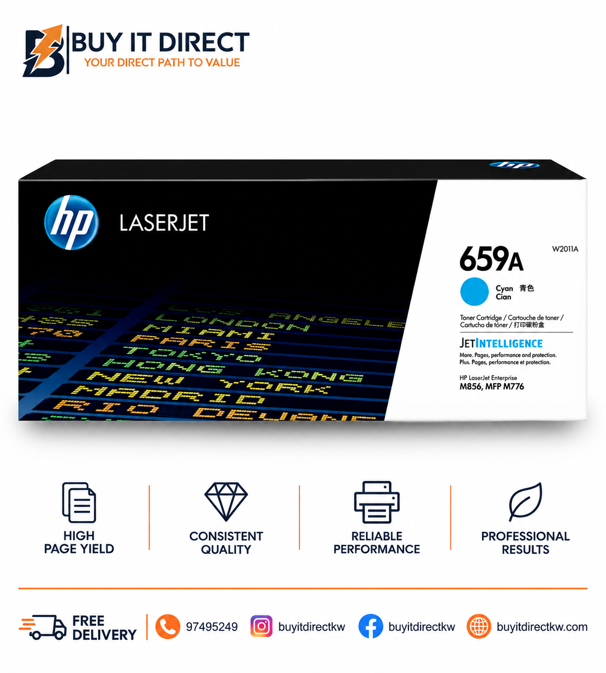 خرطوشة حبر HP 659A أصلية لطابعات LaserJet باللون السماوي 13000 صفحة W2011A