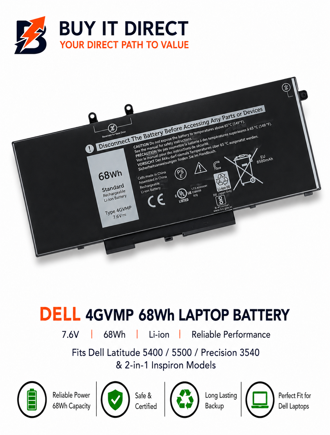 بطارية لابتوب ديل 4GVMP بسعة 68 واط ساعة متوافقة مع Latitude 5400 و5500 وPrecision 3540 وموديلات Inspiron 2 في 1