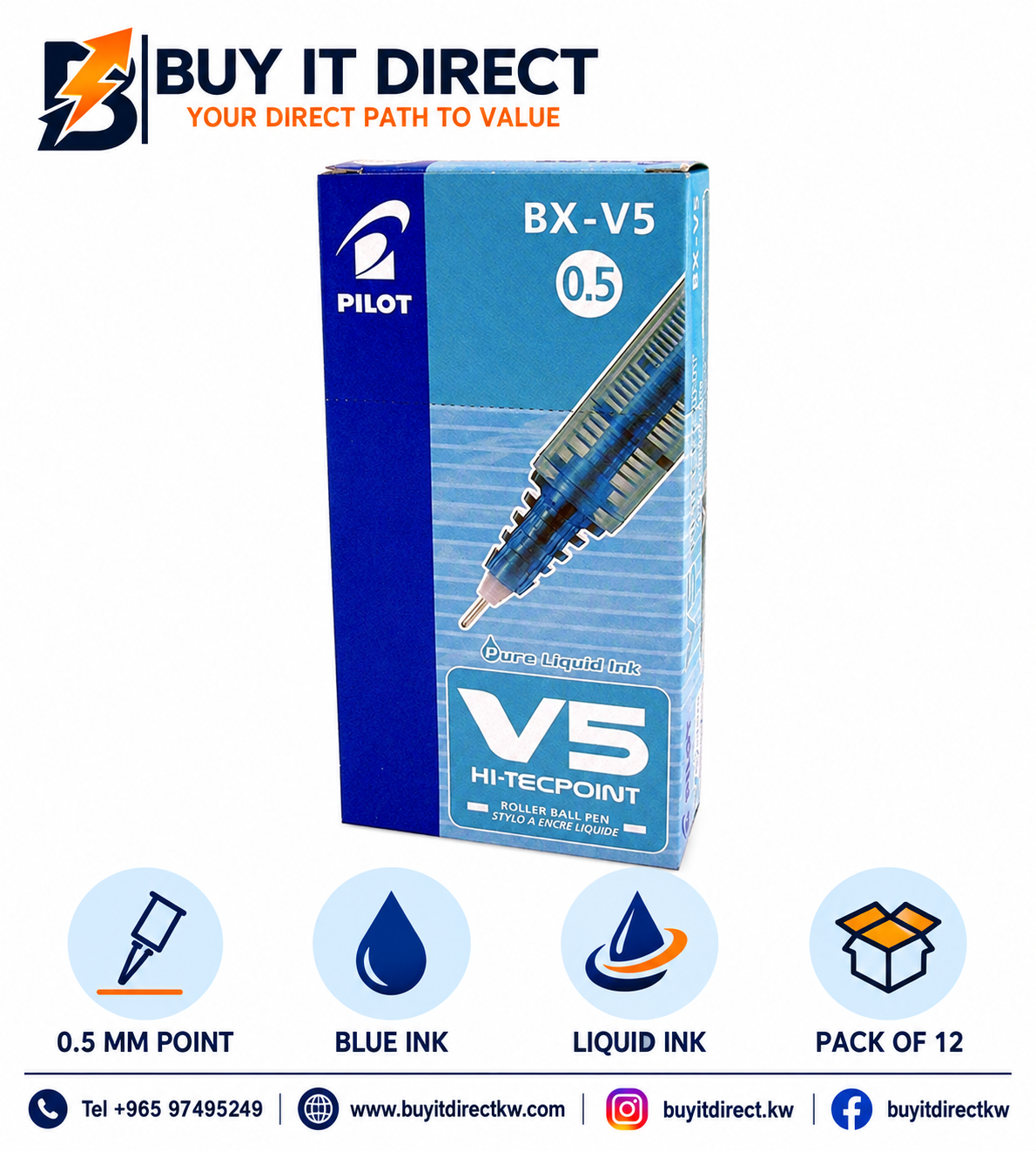 Pilot Hi-Tecpoint BX-V5 0.5 mm Rollerball Pen Blue - Pack of 12