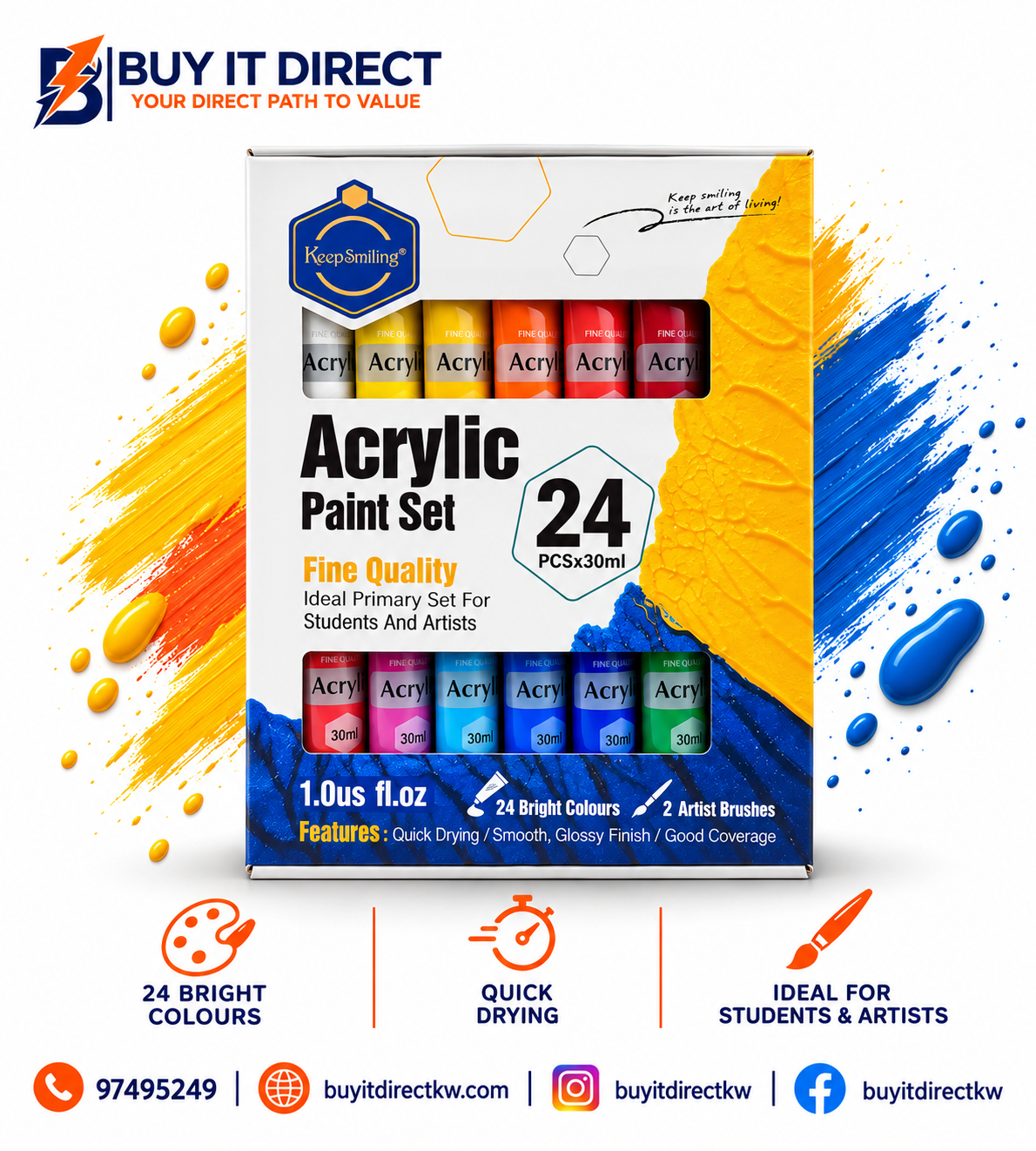Keep Smiling Acrylic Paint Set 24 Colors x 30 ml
