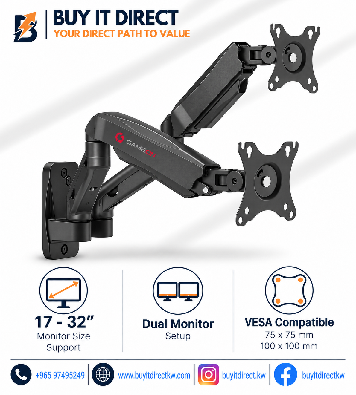 ذراع شاشات GameOn GO-5008 مزدوج مقاس 17-32 بوصة