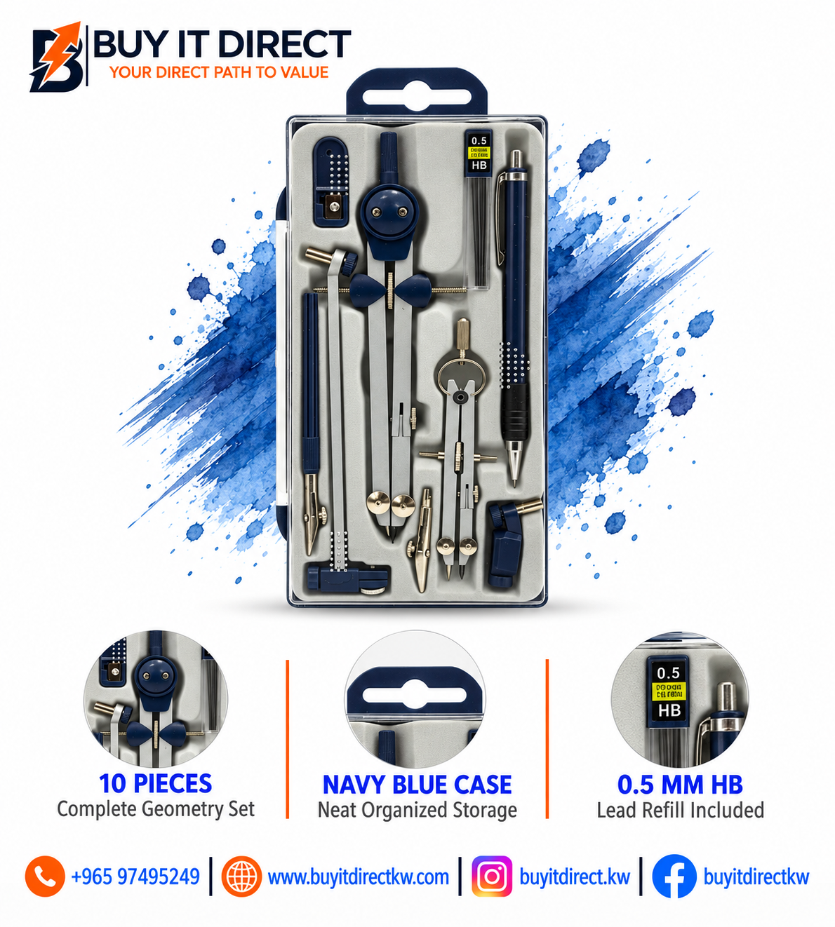 Geometry Compass Set – 10 Pieces Navy Blue