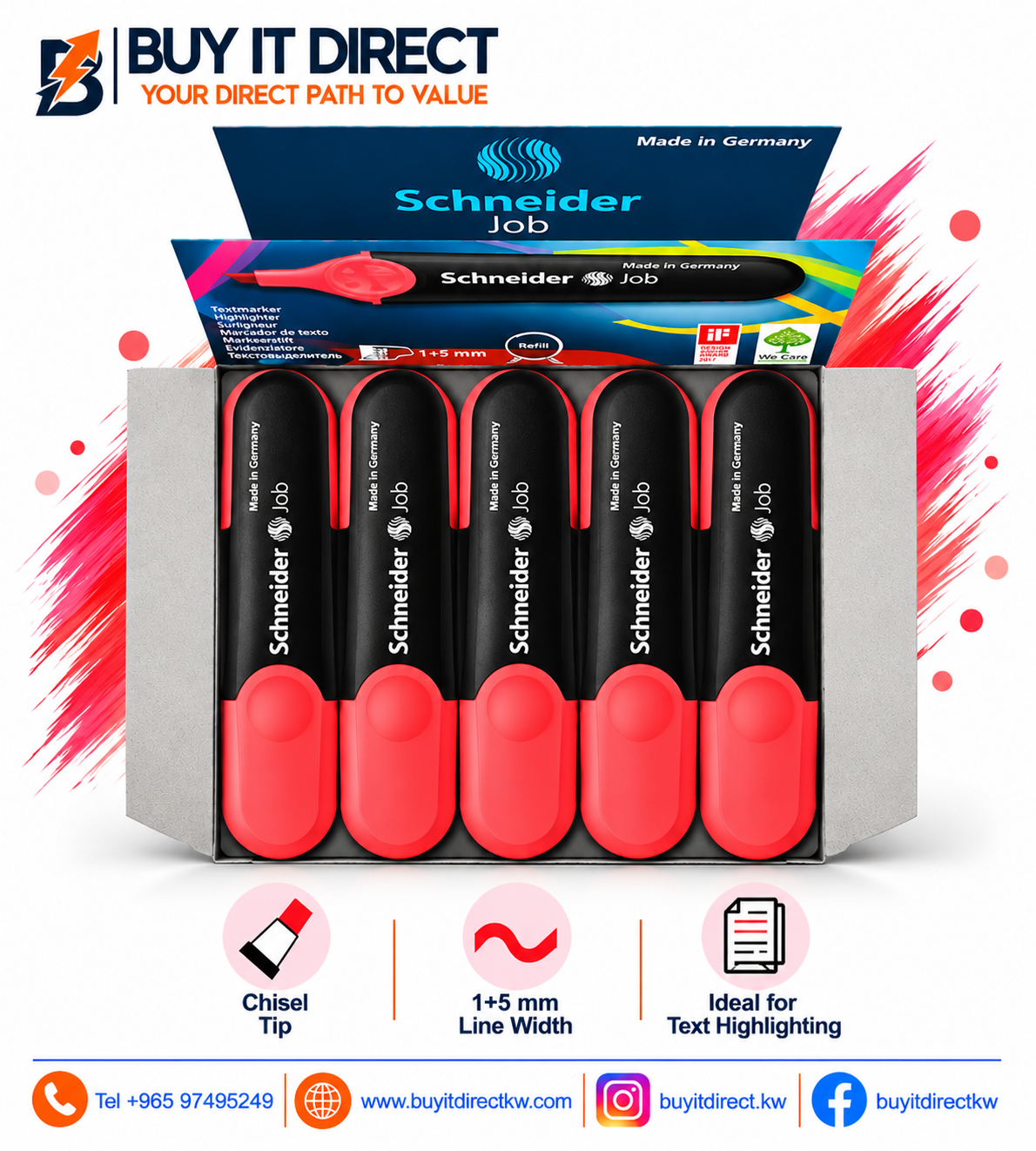 Schneider Job 1+5 mm Red Textmarker Highlighters Pack of 10