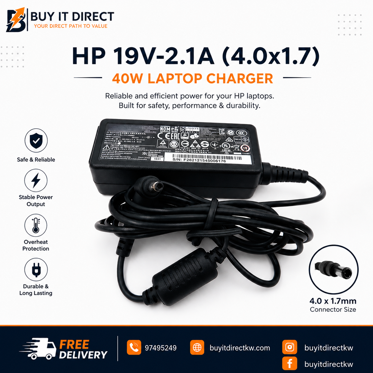 HP 40W 19V 2.1A Laptop Charger 4.0 x 1.7mm