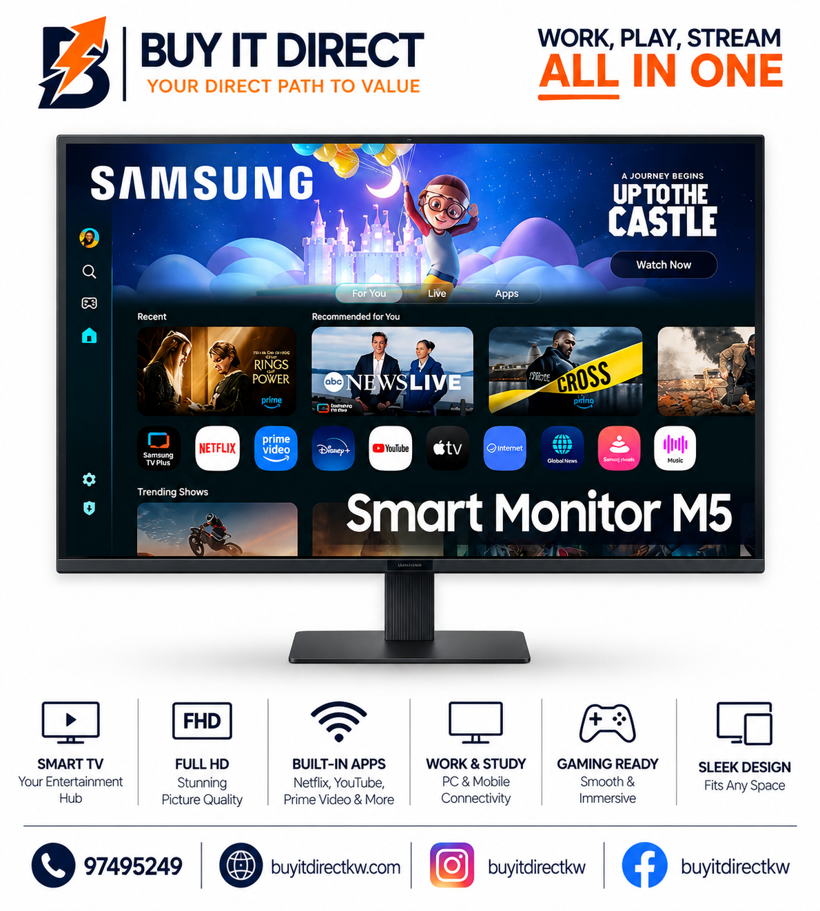 شاشة Samsung Smart Monitor M5 M50F مقاس 32 بوصة بدقة Full HD وتردد 60 هرتز مع Wi-Fi وBluetooth