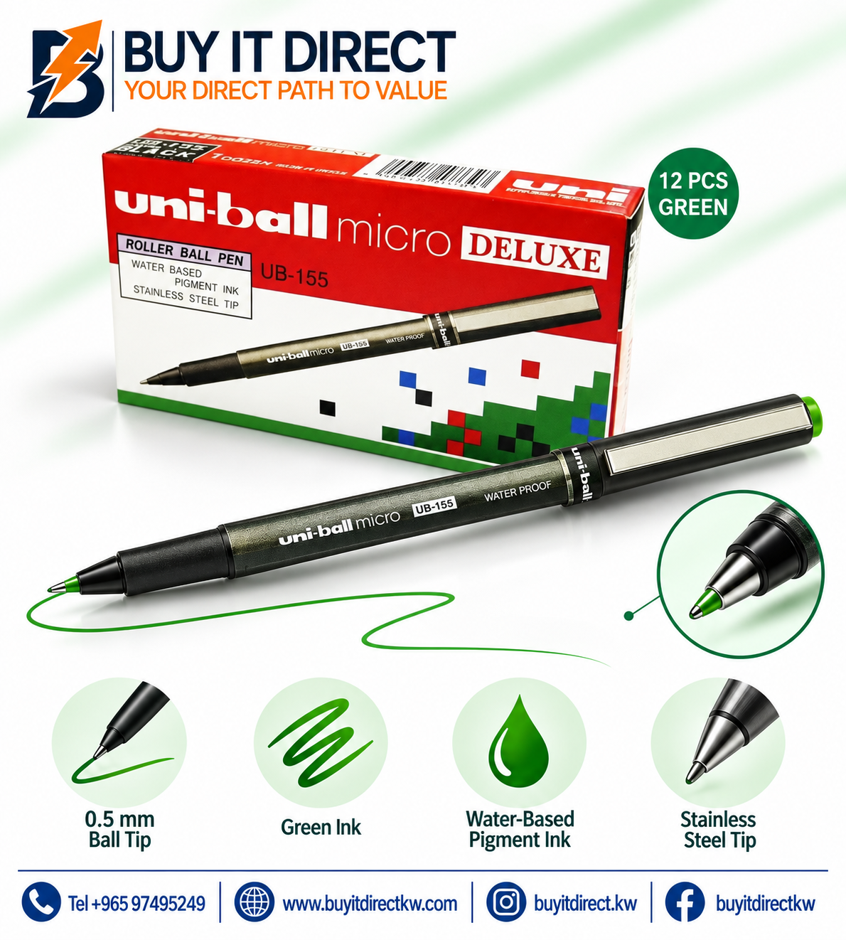 أقلام uni-ball Eye Micro Deluxe UB-155 أخضر 0.5 مم - عبوة 12 قلم