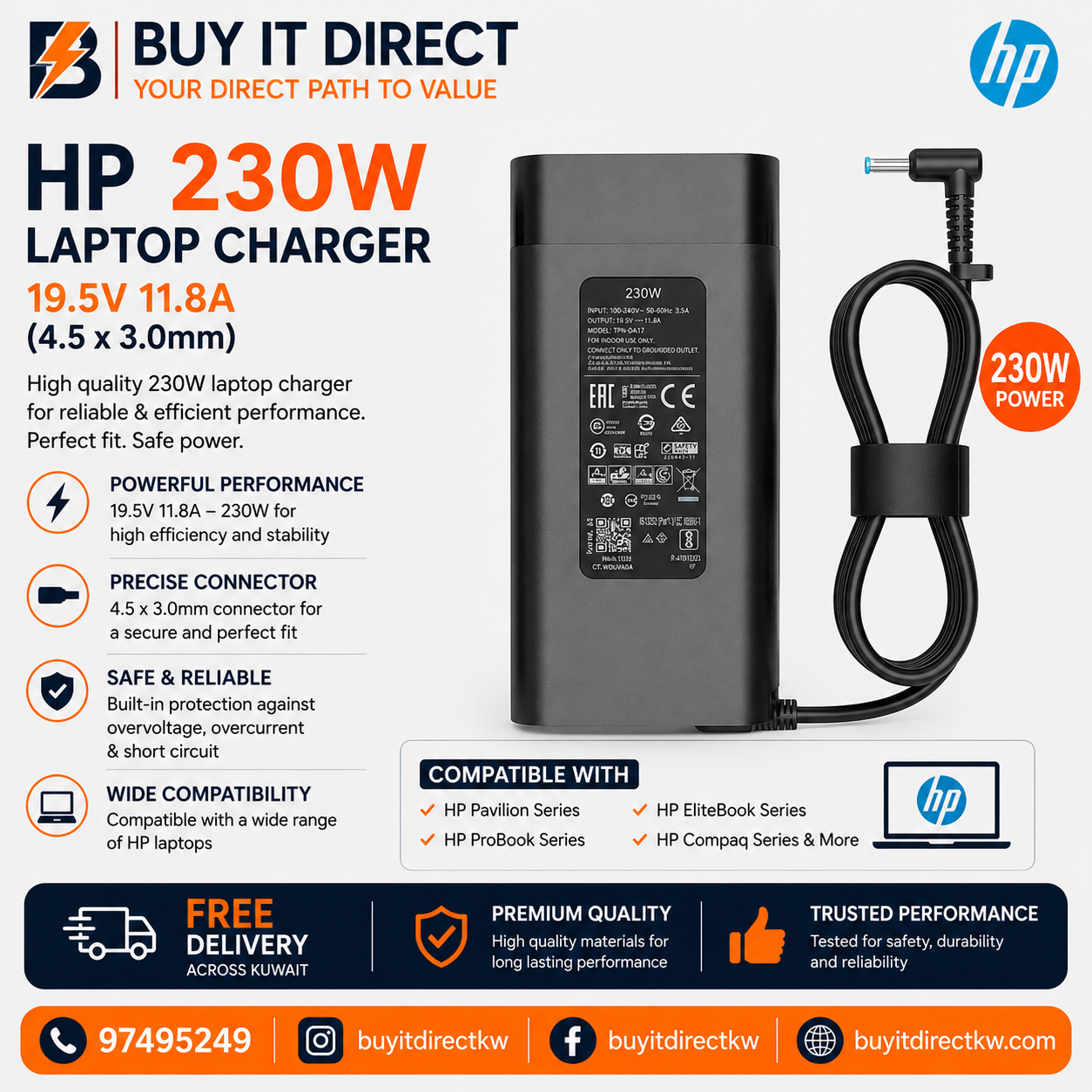 HP 230W 19.5V 11.8A Laptop Charger with Power Cable 4.5 x 3.0mm