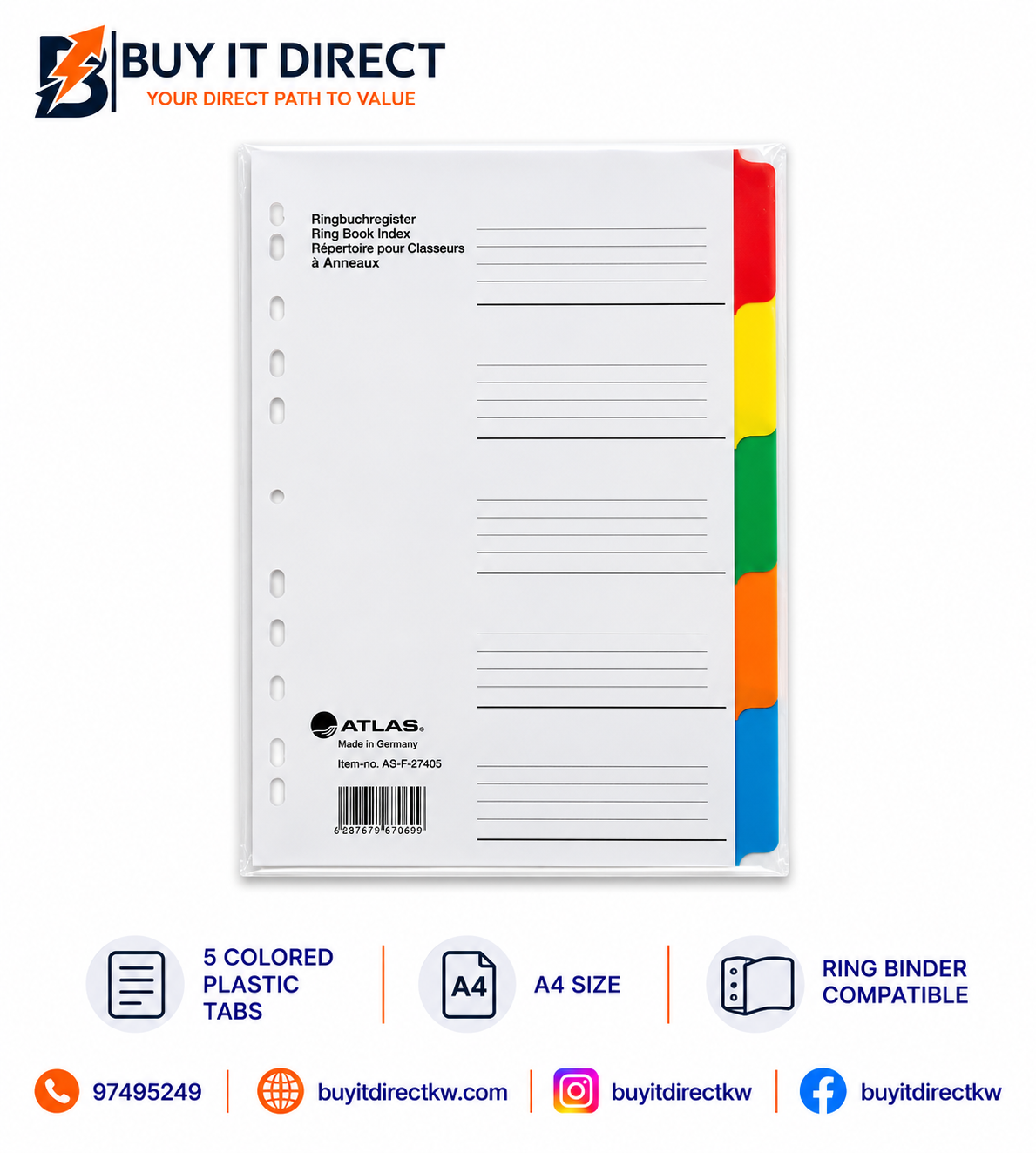 Ring Book Index A4 – 5 Colored Plastic Tabs