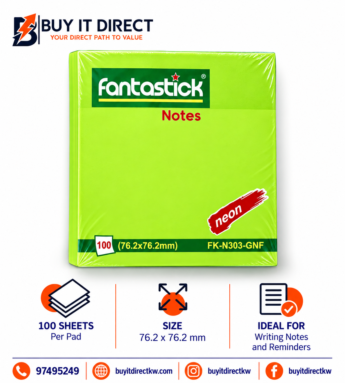 Fantastick 100 Notes Neon Green 76.2 x 76.2 mm