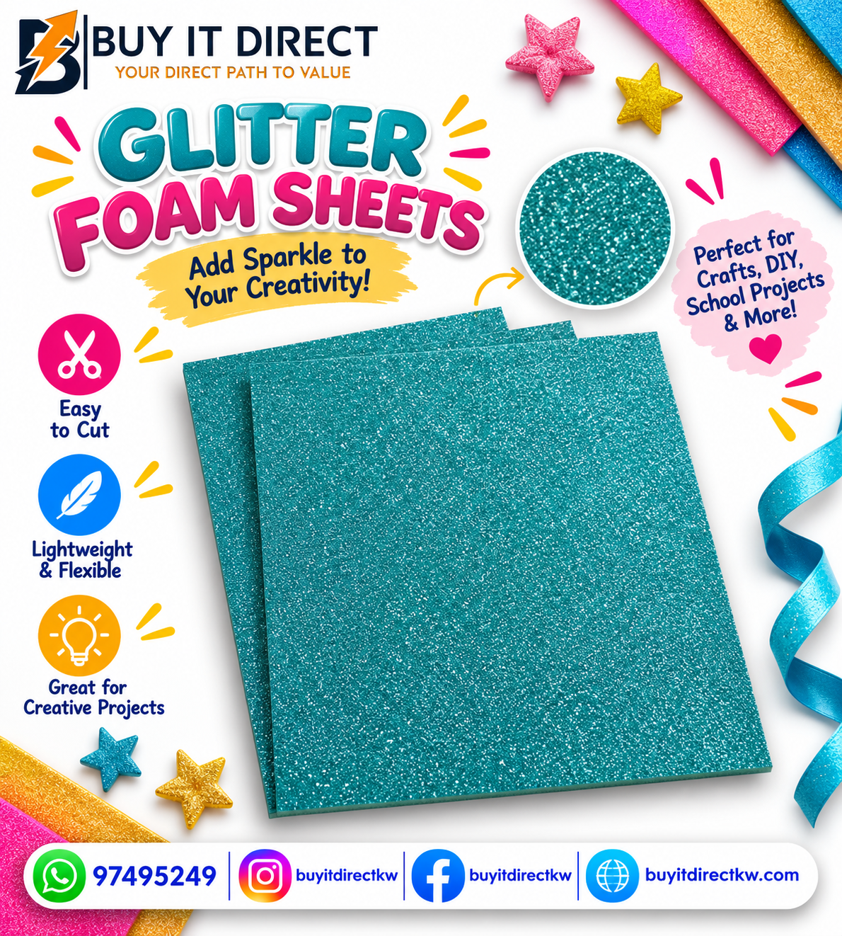 Glitter Foam Sheets A4 Blue