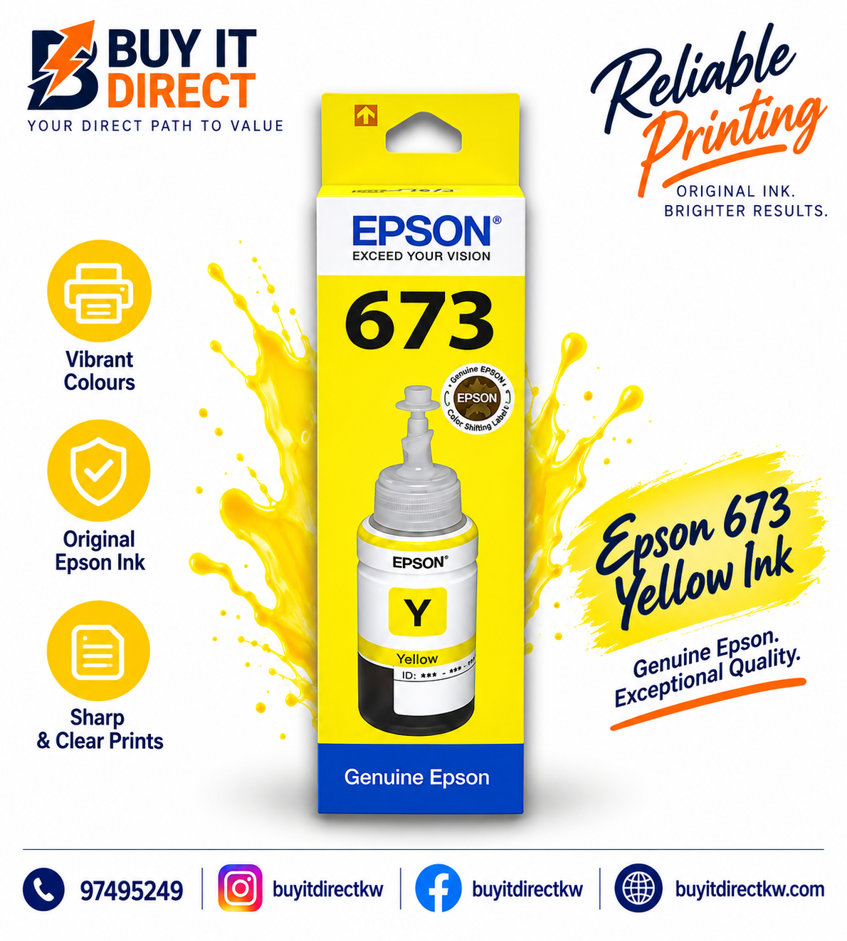 زجاجة حبر Epson T673 أصلية باللون الأصفر – C13T673400