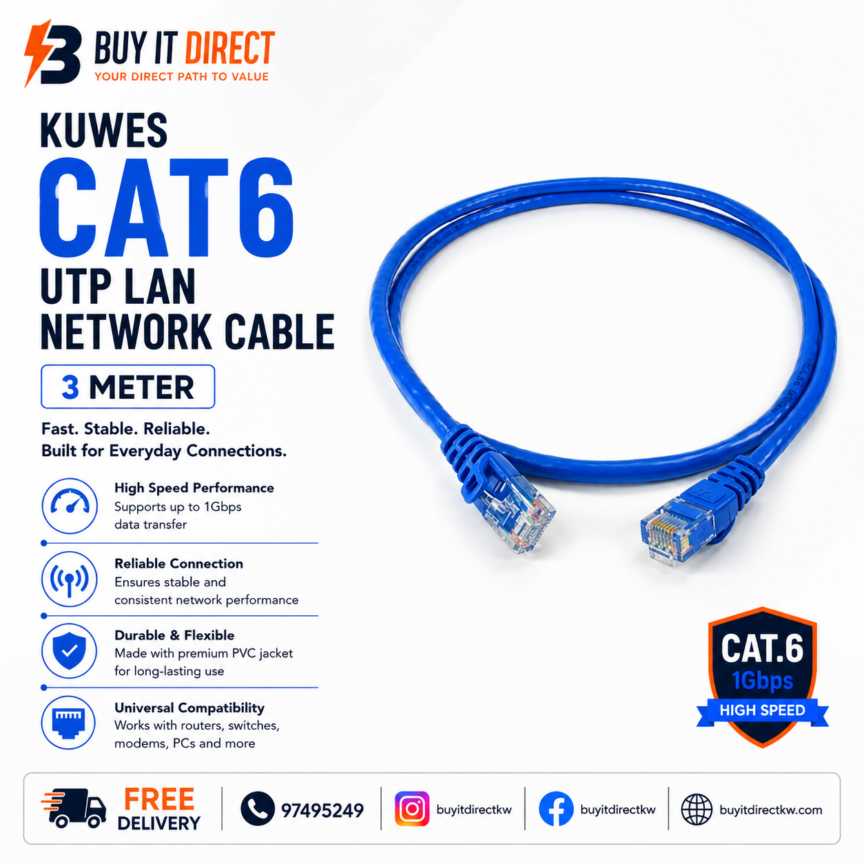 كابل شبكة Kuwes CAT6 بطول 3 متر UTP