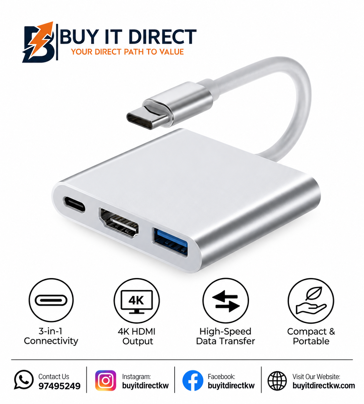 محول USB Type-C إلى HDMI وUSB-A أنثى وType-C PD