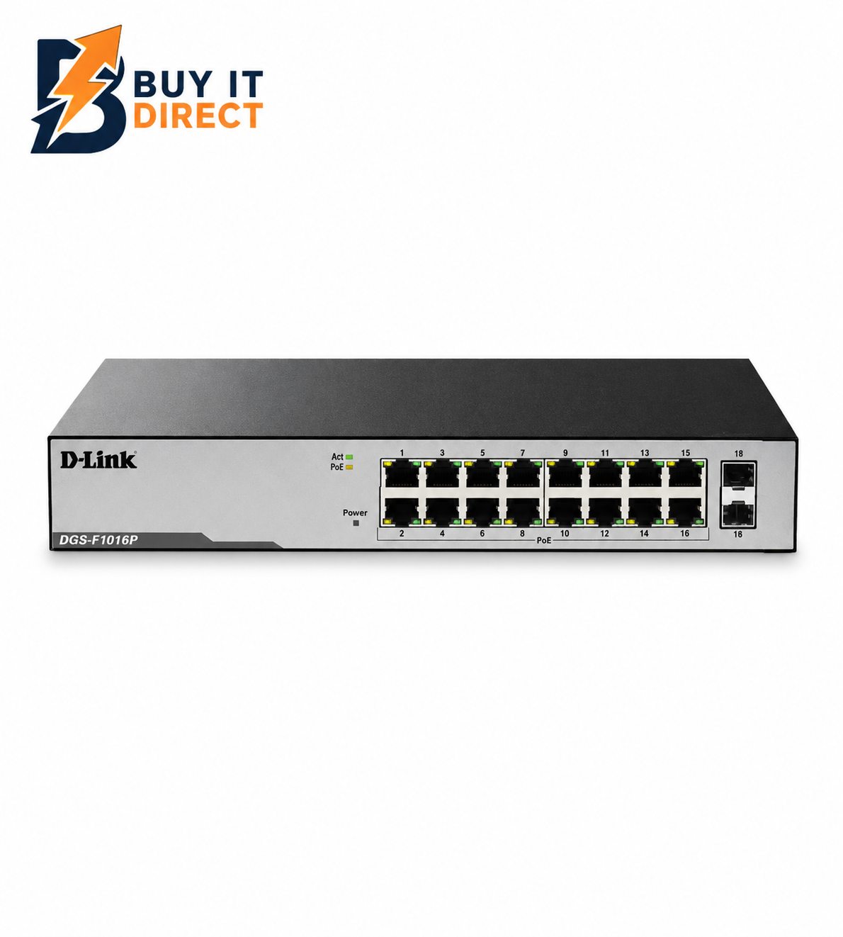 مبدل D-Link غير مُدار بـ16 منفذ Gigabit بتقنية PoE - DGS-F1016P