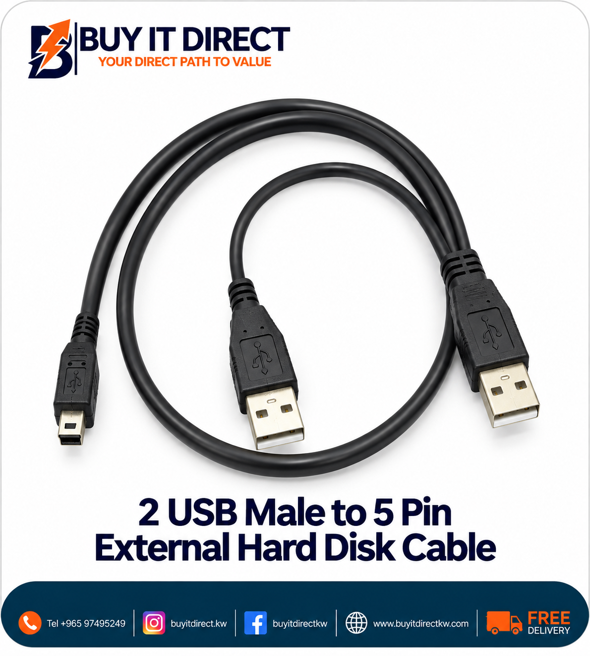 كابل 2 USB ذكر إلى 5 بن للقرص الصلب الخارجي