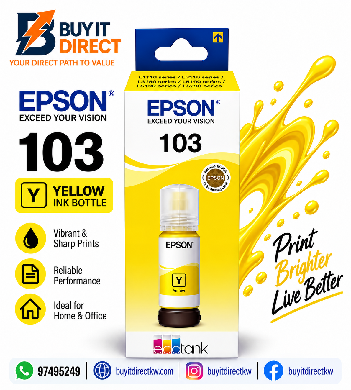 زجاجة حبر Epson 103 EcoTank أصلية باللون الأصفر – C13T00S44A