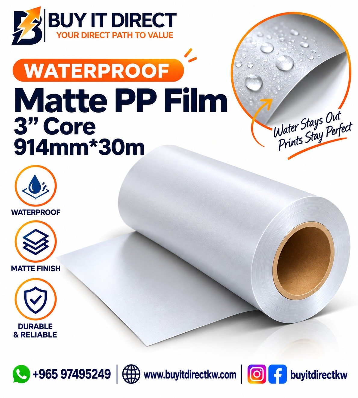 Waterproof Matte PP Film 3in Core 914mm x 30m