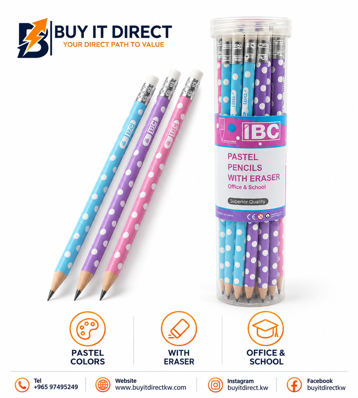 Pastel HB Graphite Pencils with Erasers – 24 Pcs